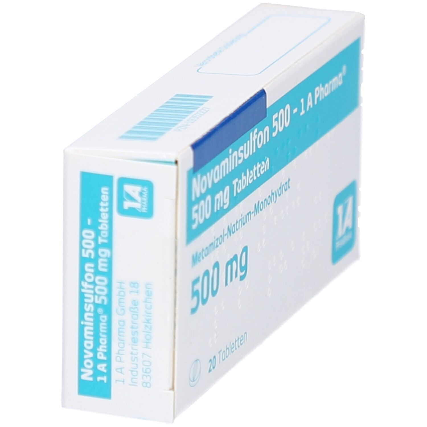 Weiße Tablettenbox mit blauer Schrift. Aufschrift: Novaminsulfon 500-1 A Pharma Tabletten, 500 mg, 20 Tabletten. Logo: 1 A Pharma.