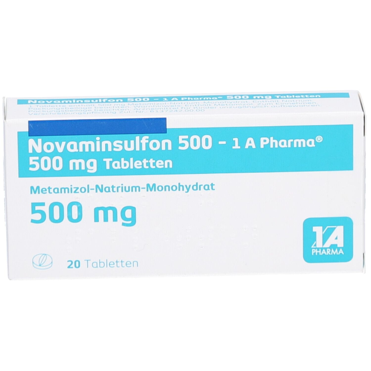 Weiße Tablettenbox mit blauer Schrift. Aufschrift: Novaminsulfon 500-1 A Pharma Tabletten, 500 mg, 20 Tabletten. Logo: 1 A Pharma.