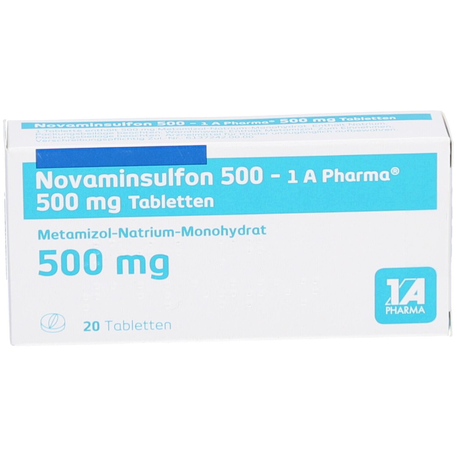 Weiße Tablettenbox mit blauer Schrift. Aufschrift: Novaminsulfon 500-1 A Pharma Tabletten, 500 mg, 20 Tabletten. Logo: 1 A Pharma.
