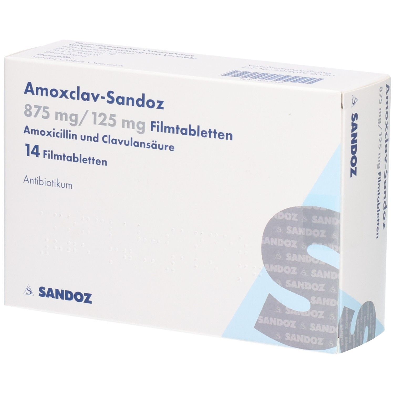 Schachtel AMOXCLAV-Sandoz 875 mg/125 mg Filmtabletten. Enthält 14 Tabletten. Sandoz-Logo.