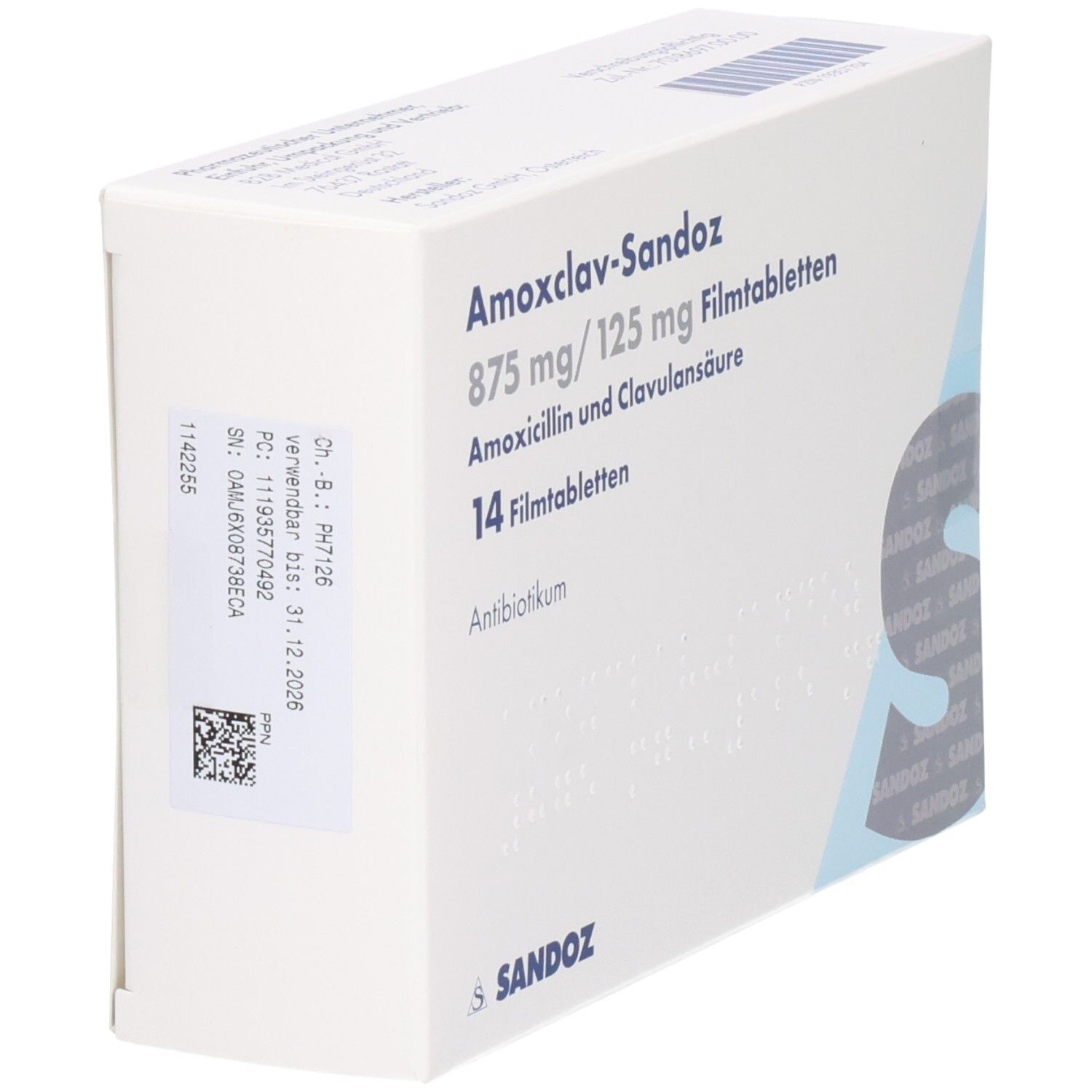 Schachtel AMOXCLAV-Sandoz 875 mg/125 mg Filmtabletten. Seitenansicht. Sandoz-Logo. Informationen und Barcode.