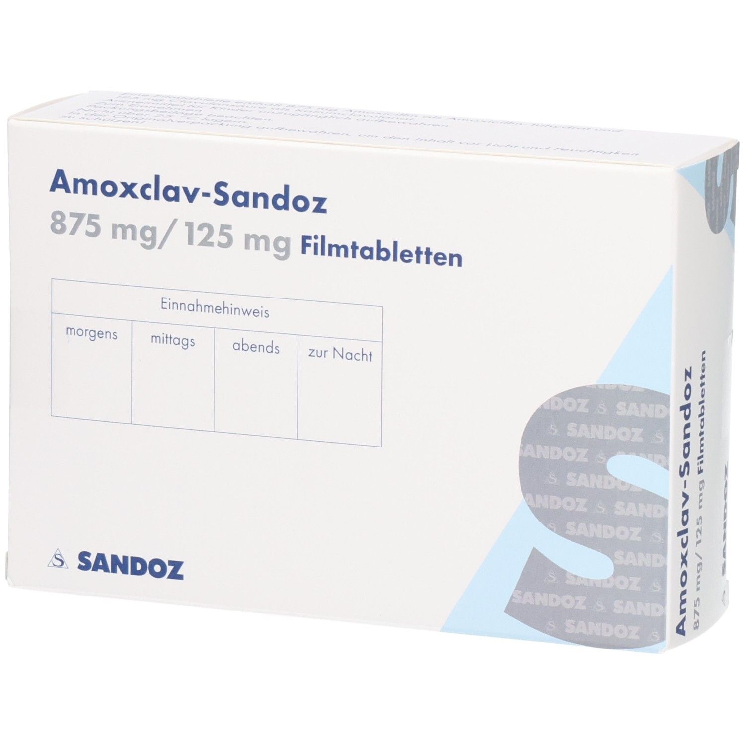 Schachtel AMOXCLAV-Sandoz 875 mg/125 mg Filmtabletten. Einnahmehinweis. Sandoz-Logo.