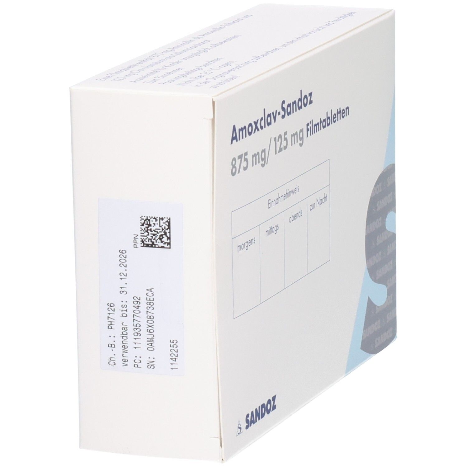 Schachtel AMOXCLAV-Sandoz 875 mg/125 mg Filmtabletten. Seitenansicht mit Informationen und Barcode. Sandoz-Logo.