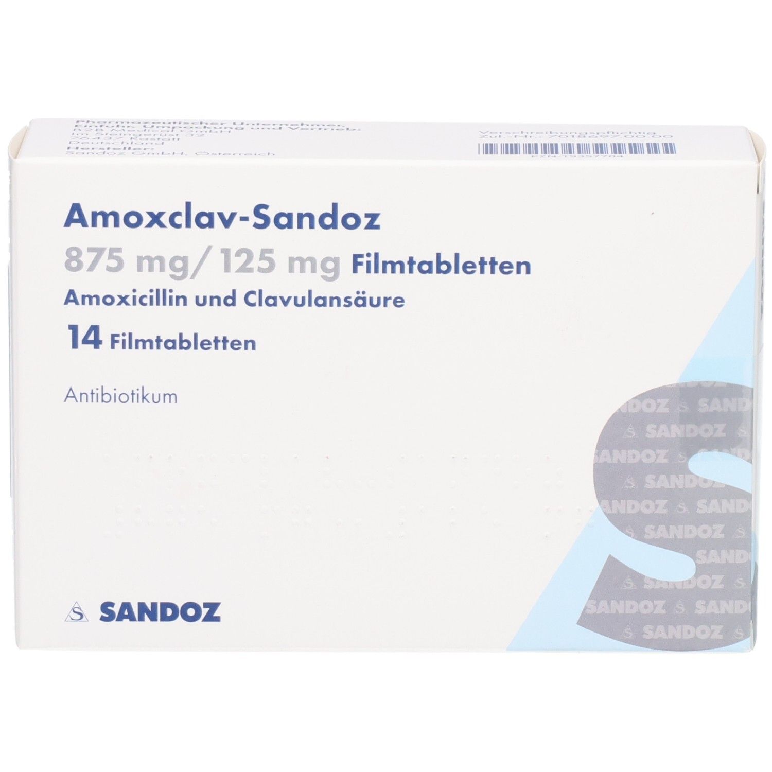 Schachtel AMOXCLAV-Sandoz 875 mg/125 mg Filmtabletten. Enthält 14 Tabletten. Sandoz-Logo.