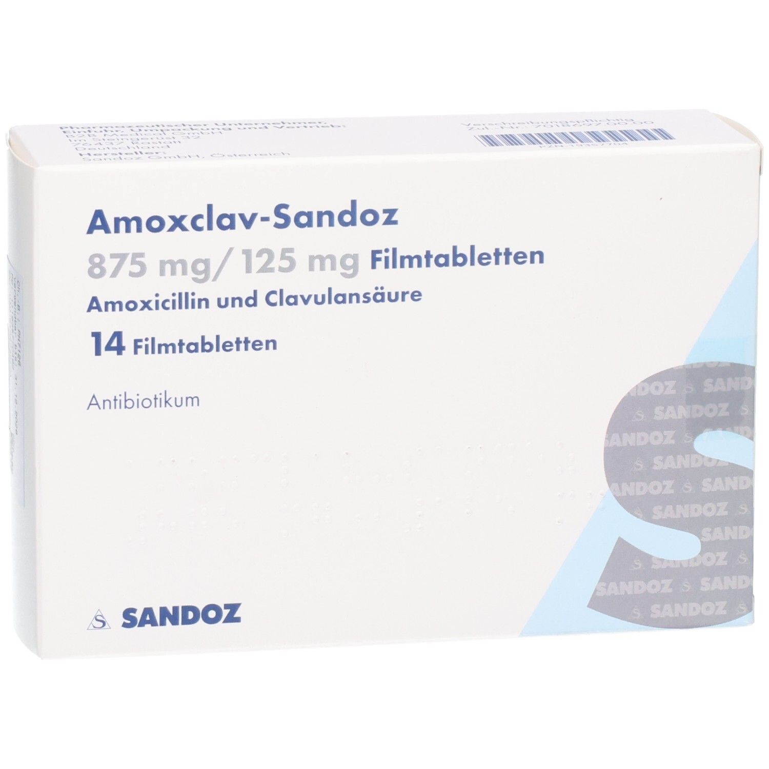 Schachtel AMOXCLAV-Sandoz 875 mg/125 mg Filmtabletten. Enthält 14 Tabletten. Sandoz-Logo.
