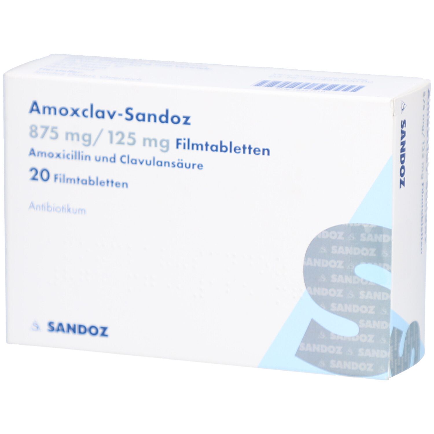 Schachtel mit AMOXCLAV-Sandoz Filmtabletten. Aufschrift: 875 mg/125 mg, 20 Filmtabletten. Marke Sandoz.