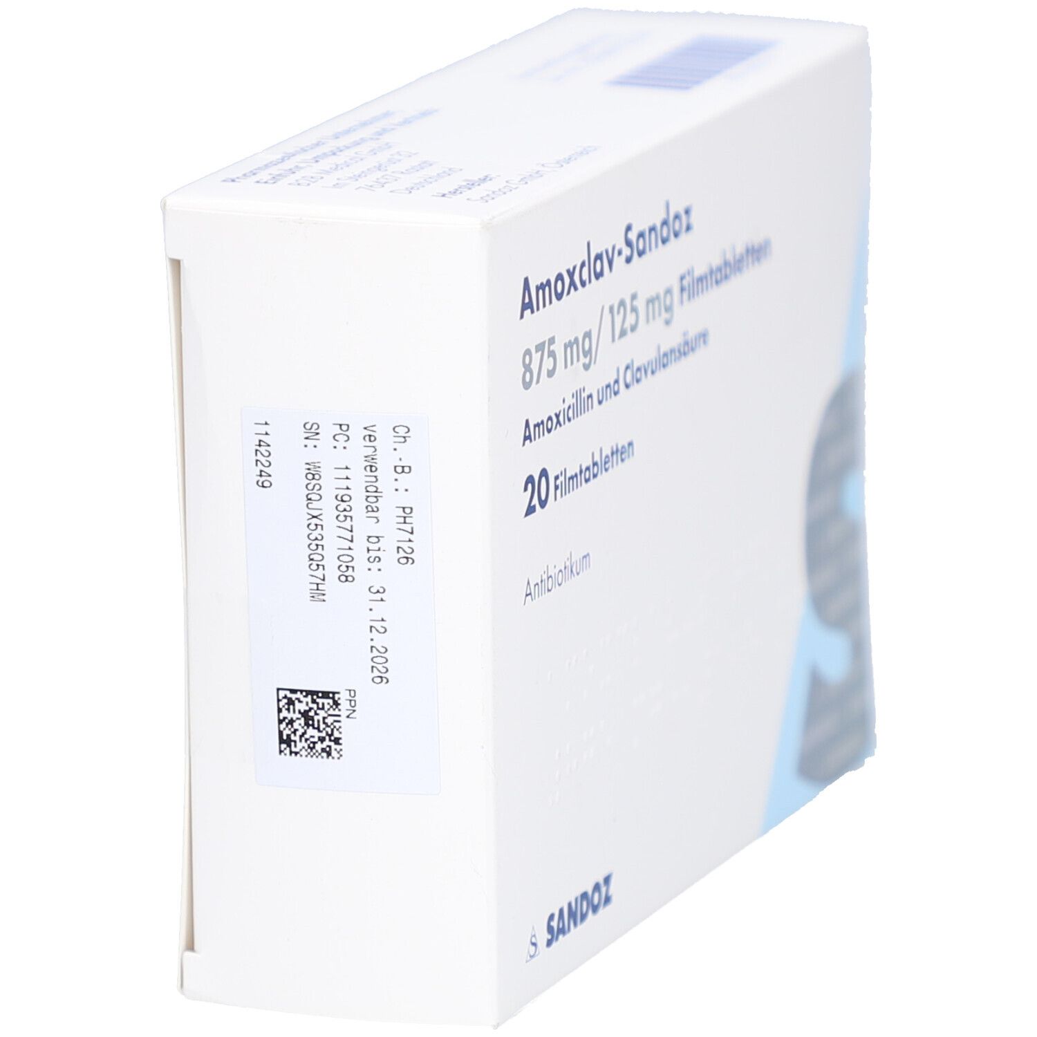 Schachtel AMOXCLAV-Sandoz, Seitenansicht. Aufschrift: 875 mg/125 mg, 20 Filmtabletten. Marke Sandoz. QR-Code und Chargennummer.