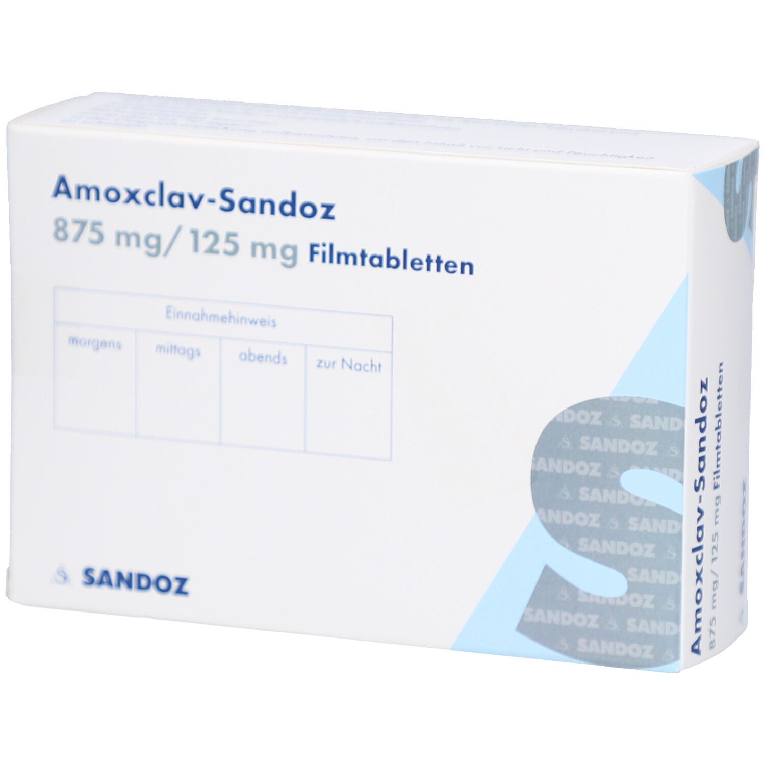 Schachtel AMOXCLAV-Sandoz. Aufschrift: 875 mg/125 mg, 20 Filmtabletten. Einnahmehinweis. Marke Sandoz.