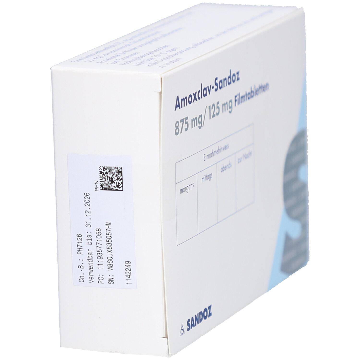 Schachtel AMOXCLAV-Sandoz, Seitenansicht. Aufschrift: 875 mg/125 mg, 20 Filmtabletten. Einnahmehinweis. Marke Sandoz.