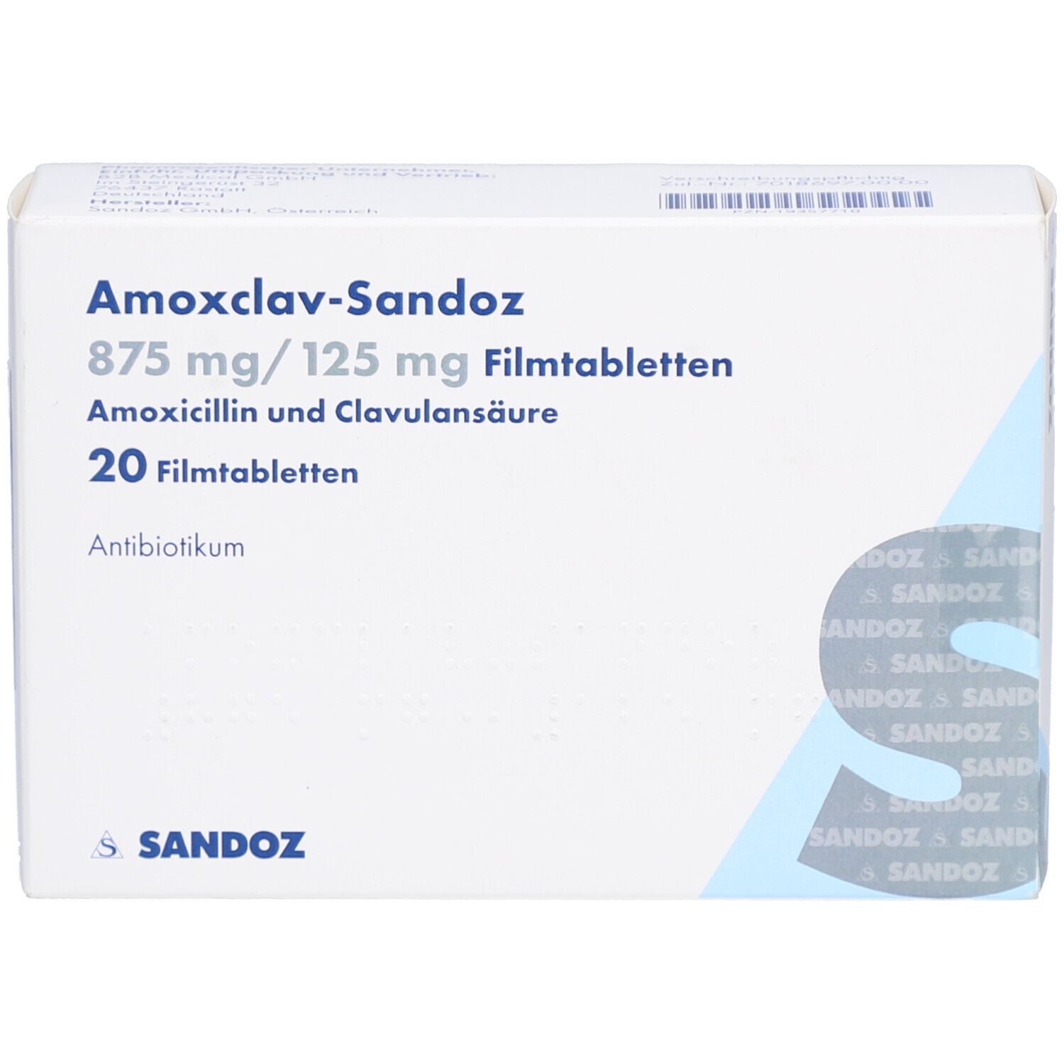 Schachtel mit AMOXCLAV-Sandoz Filmtabletten. Aufschrift: 875 mg/125 mg, 20 Filmtabletten. Marke Sandoz.