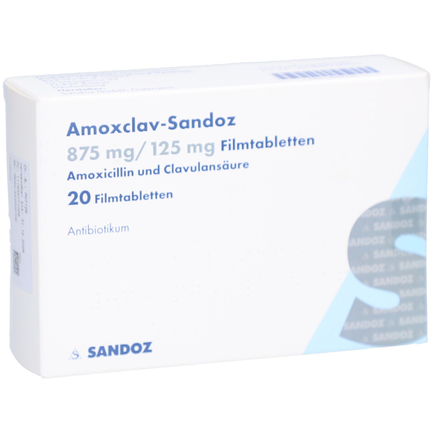 Schachtel mit AMOXCLAV-Sandoz Filmtabletten. Aufschrift: 875 mg/125 mg, 20 Filmtabletten. Marke Sandoz.