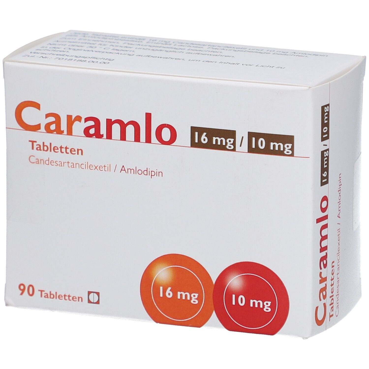Weiße Tablettenbox mit Aufschrift Caramlo 16 mg/10 mg. Enthält 90 Tabletten. Orange und rote Kreise mit Dosierungsangaben.