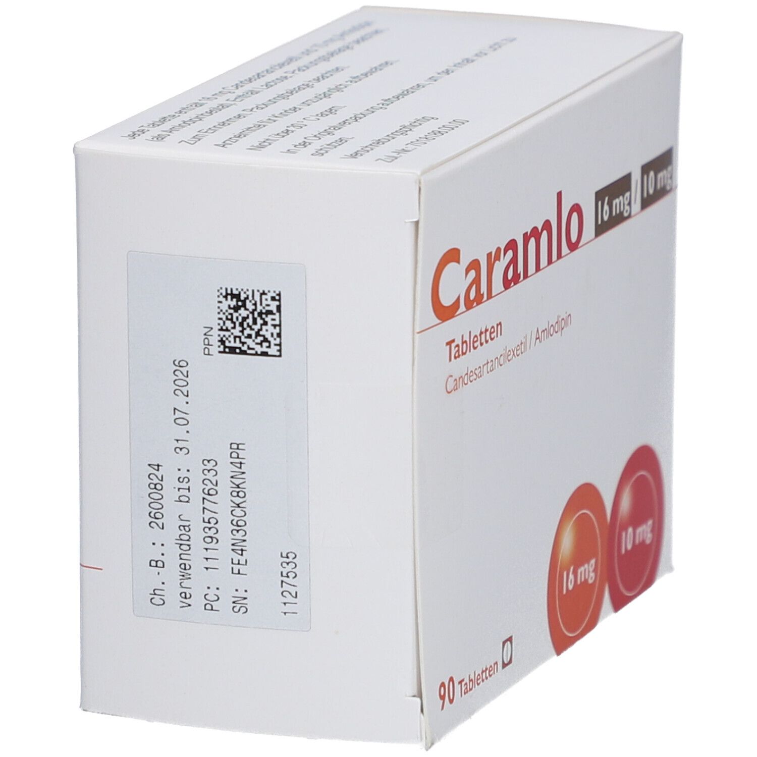 Tablettenbox mit Caramlo 16 mg/10 mg. Auf der Seite Etikett mit Chargennummer und Verfallsdatum. 90 Tabletten.