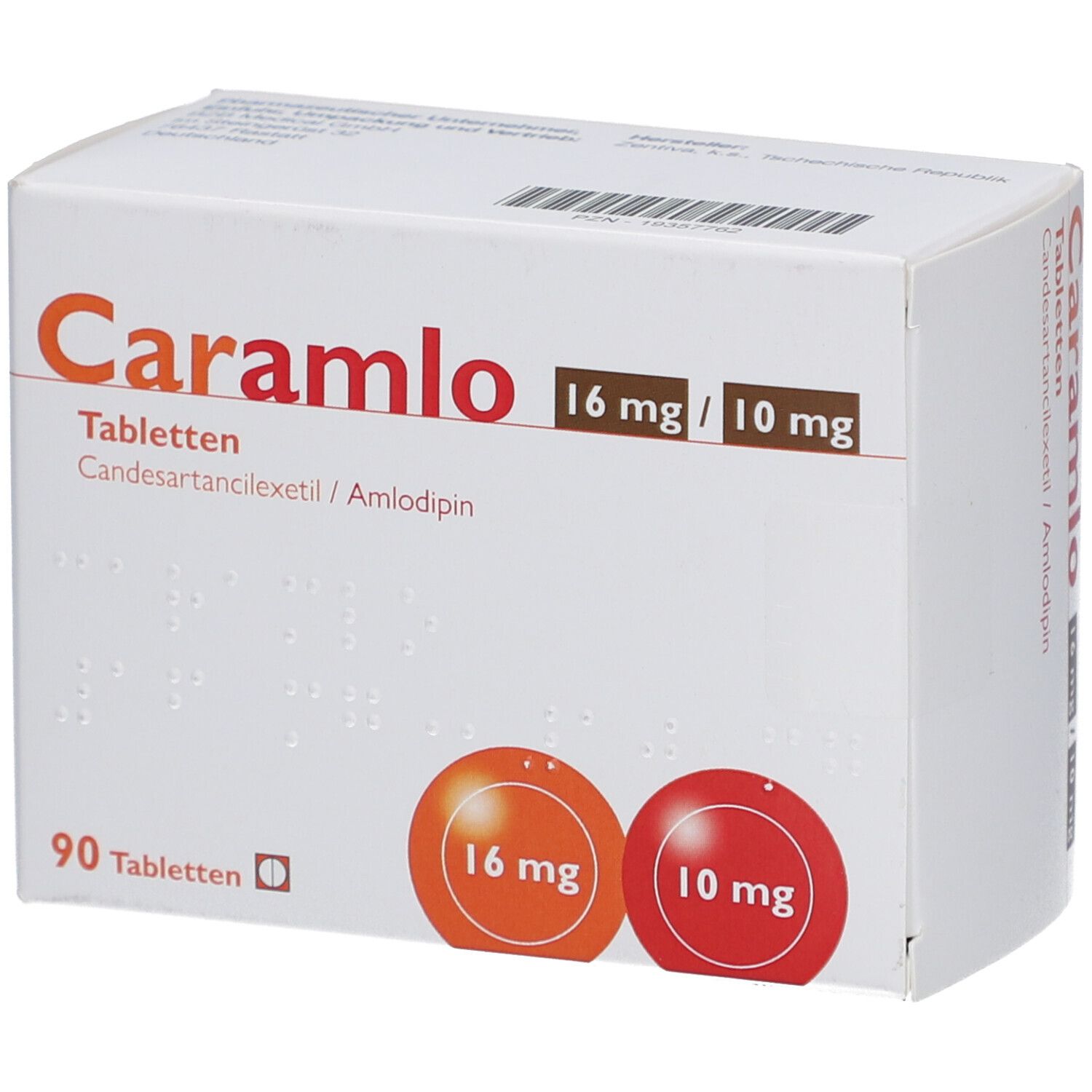 Weiße Tablettenbox mit Caramlo 16 mg/10 mg. 90 Tabletten. Orange und rote Kreise mit Dosierungsangaben. Braille-Schrift.