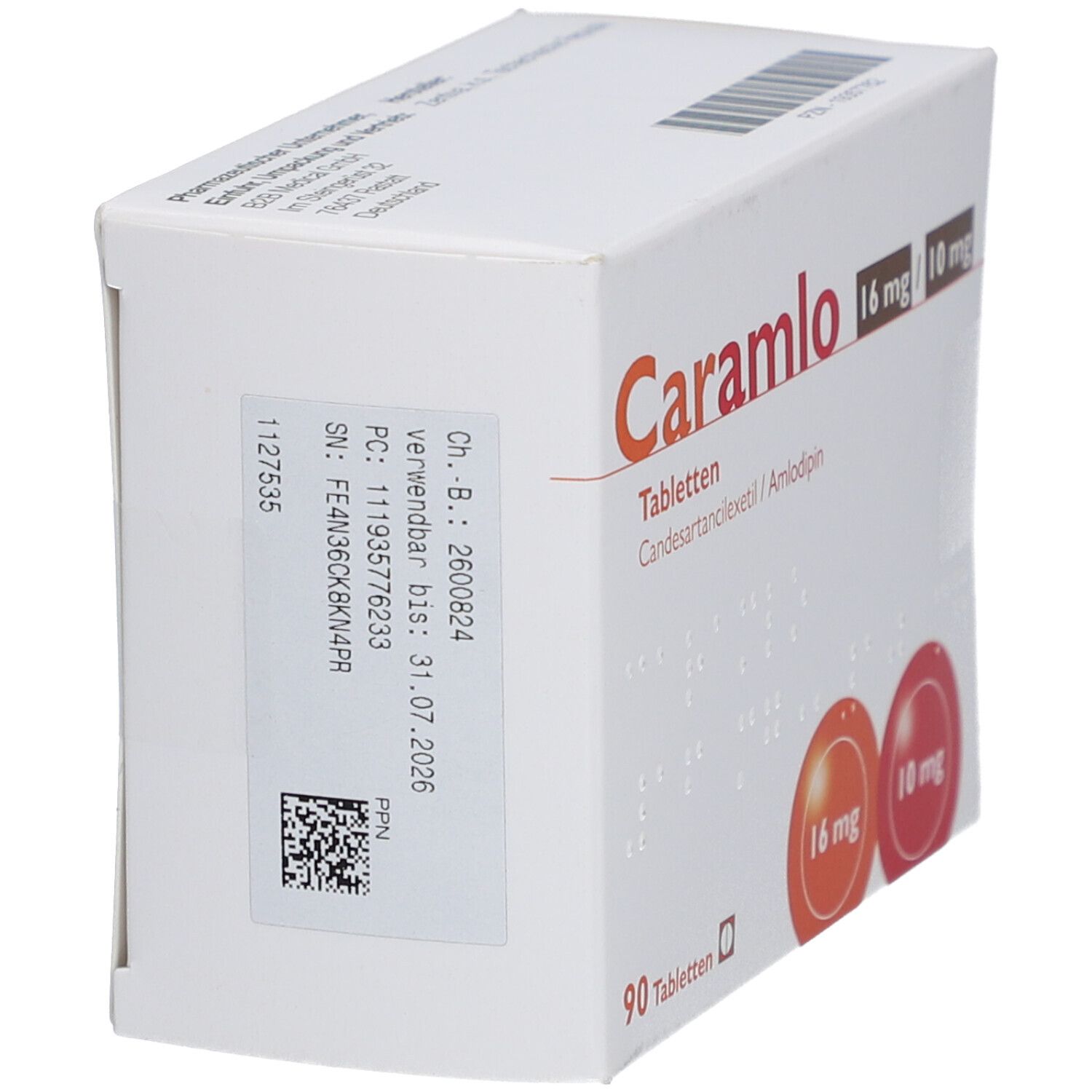 Tablettenbox mit Caramlo 16 mg/10 mg. Etikett mit Chargennummer und Verfallsdatum. Braille-Schrift. 90 Tabletten.
