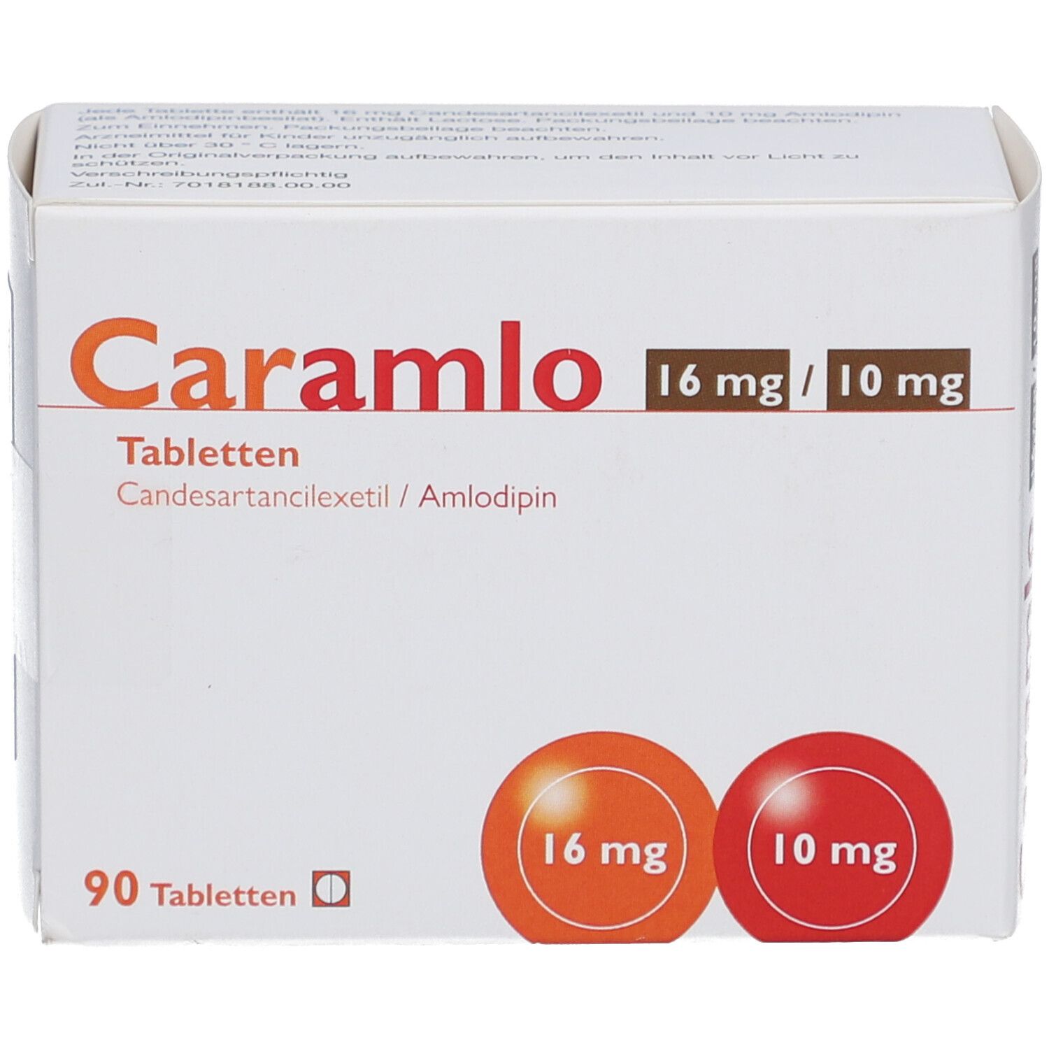 Weiße Tablettenbox mit Caramlo 16 mg/10 mg. 90 Tabletten. Orange und rote Kreise mit Dosierungsangaben.