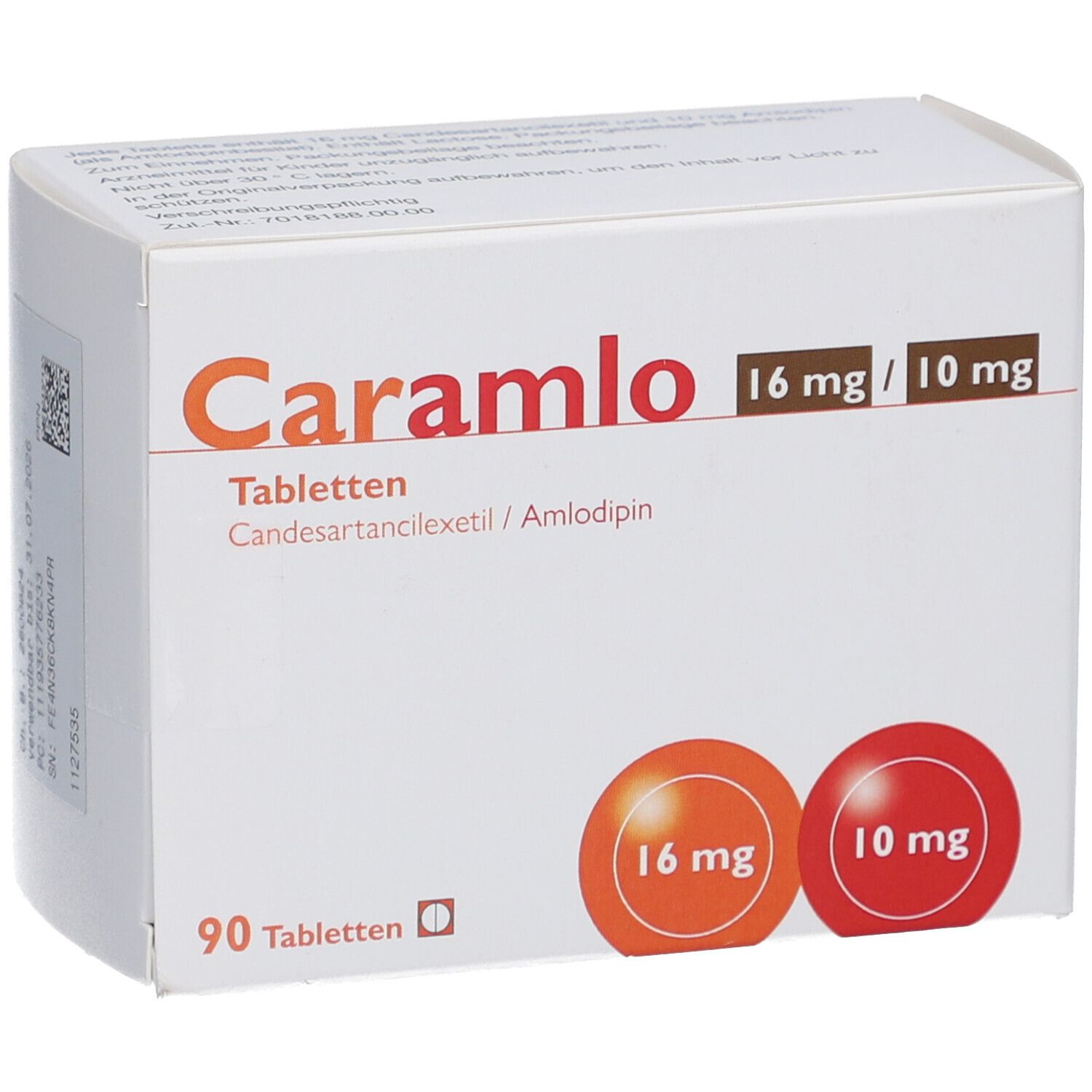 Tablettenbox mit Caramlo 16 mg/10 mg. Etikett mit Chargennummer und Verfallsdatum. 90 Tabletten.