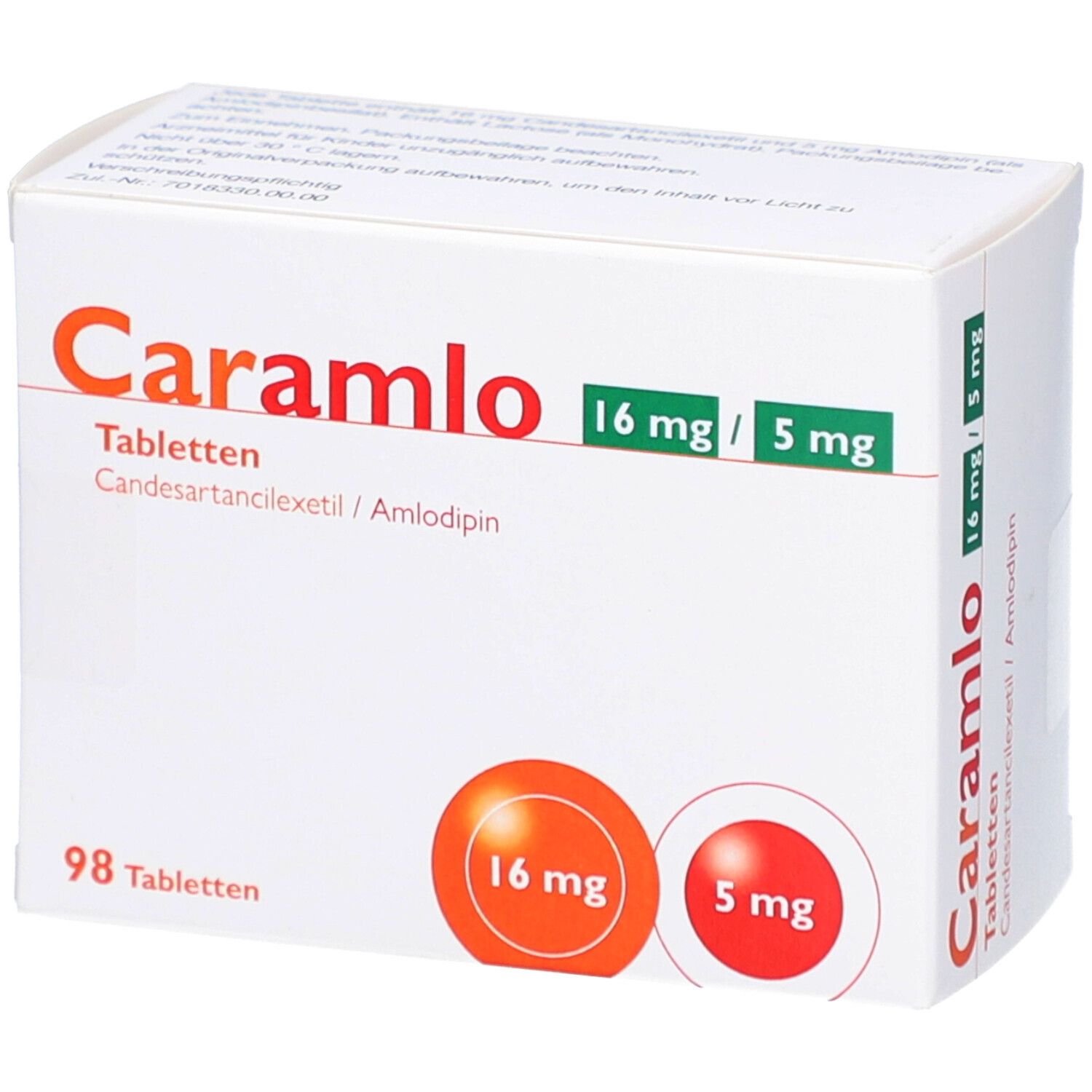 Weißer Karton mit orangefarbenem "Caramlo"-Logo. Enthält 16 mg/5 mg Tabletten. 98 Tabletten. Wirkstoffe: Candesartan/Amlodipin.