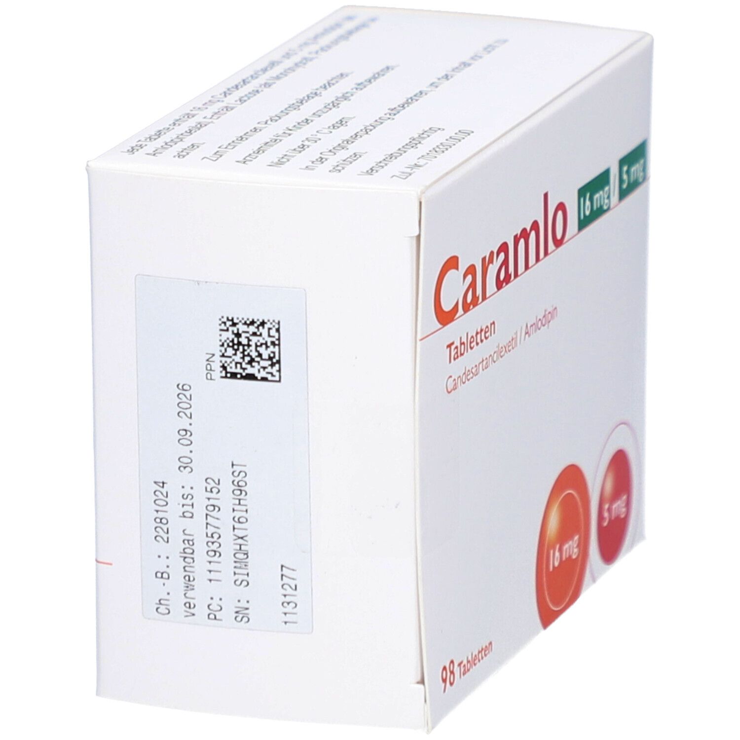 Schräg stehende weiße Kartonverpackung mit "Caramlo"-Logo. Enthält 16 mg/5 mg Tabletten. Aufkleber mit Chargennummer und Verfallsdatum.