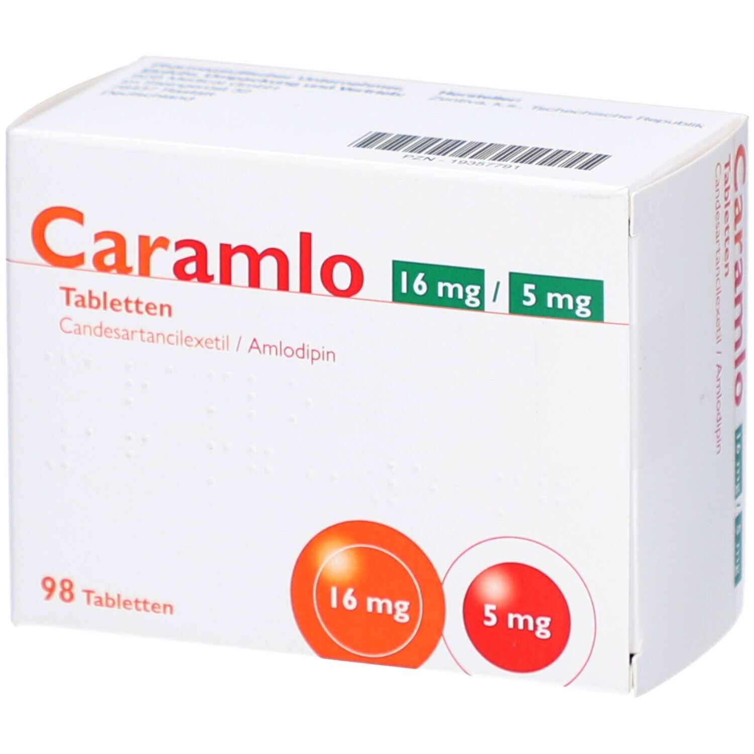Weißer Karton mit orangefarbenem "Caramlo"-Logo. Enthält 16 mg/5 mg Tabletten. 98 Tabletten. Wirkstoffe: Candesartan/Amlodipin.