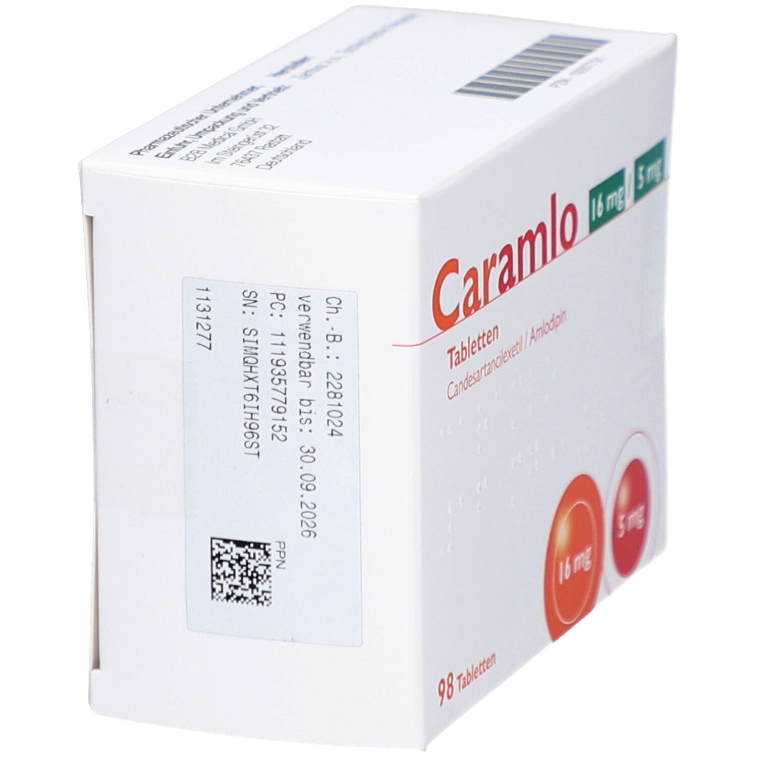 Schräg stehende weiße Kartonverpackung mit "Caramlo"-Logo. Enthält 16 mg/5 mg Tabletten. Aufkleber mit Chargennummer und Verfallsdatum.