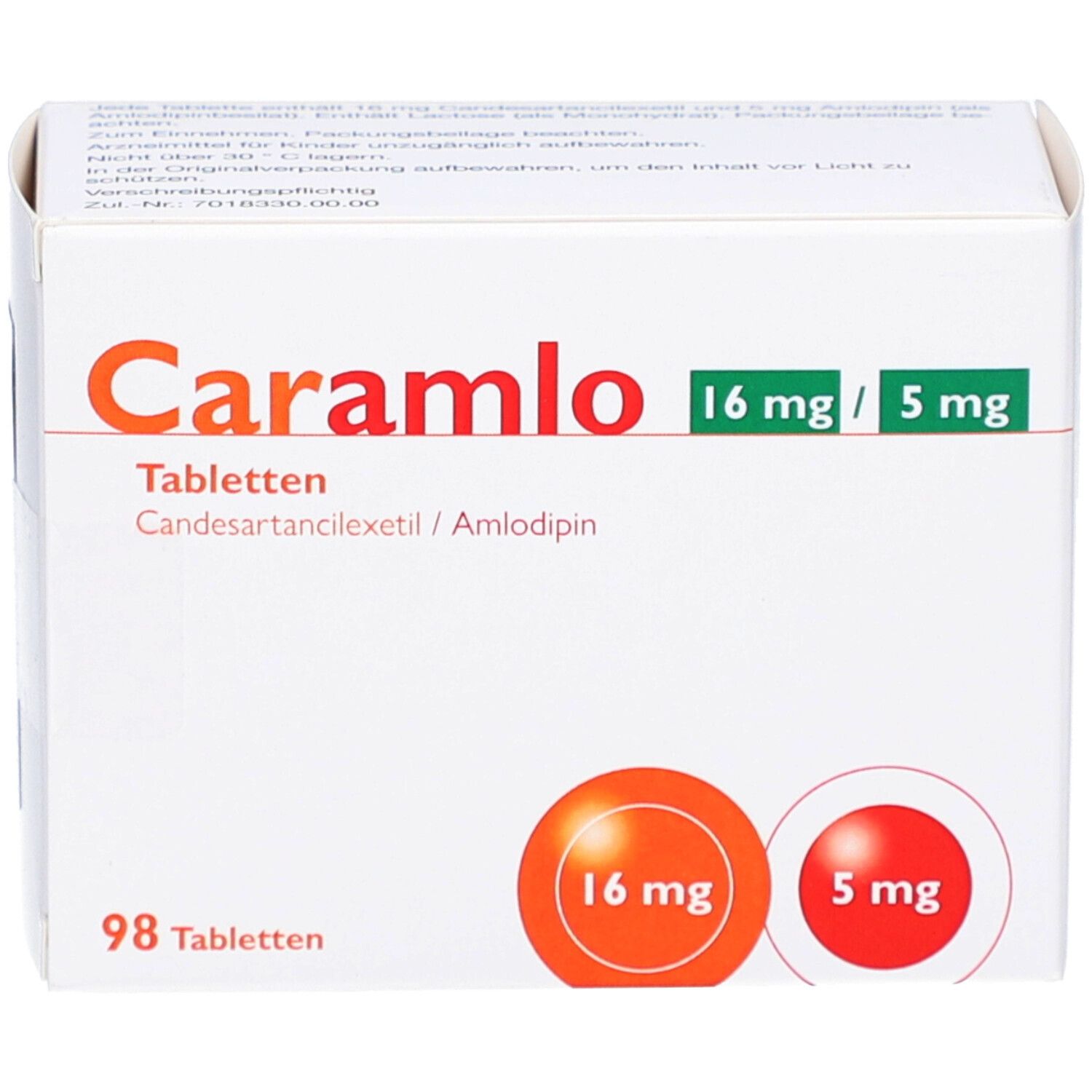Weißer Karton mit orangefarbenem "Caramlo"-Logo. Enthält 16 mg/5 mg Tabletten. 98 Tabletten. Wirkstoffe: Candesartan/Amlodipin.