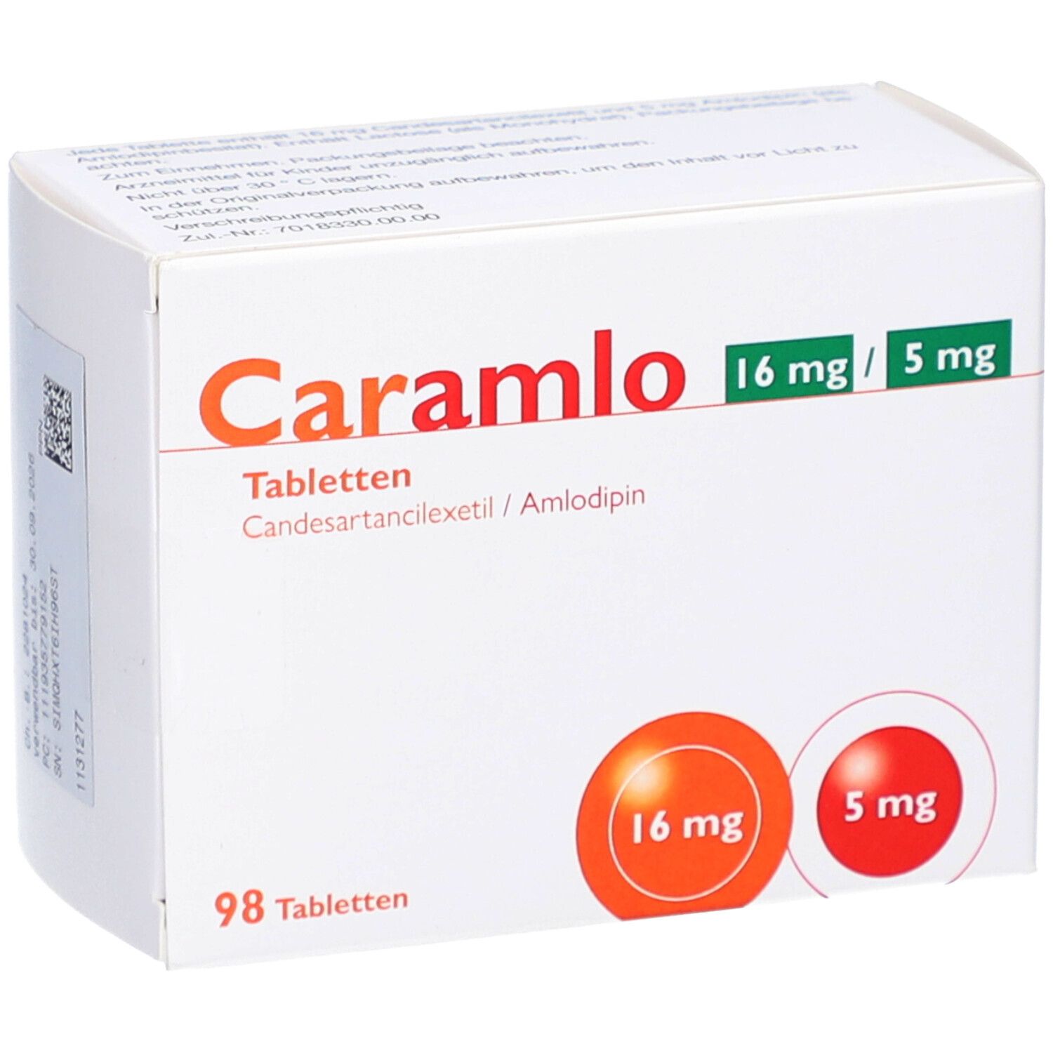 Weißer Karton mit orangefarbenem "Caramlo"-Logo. Enthält 16 mg/5 mg Tabletten. 98 Tabletten. Wirkstoffe: Candesartan/Amlodipin.