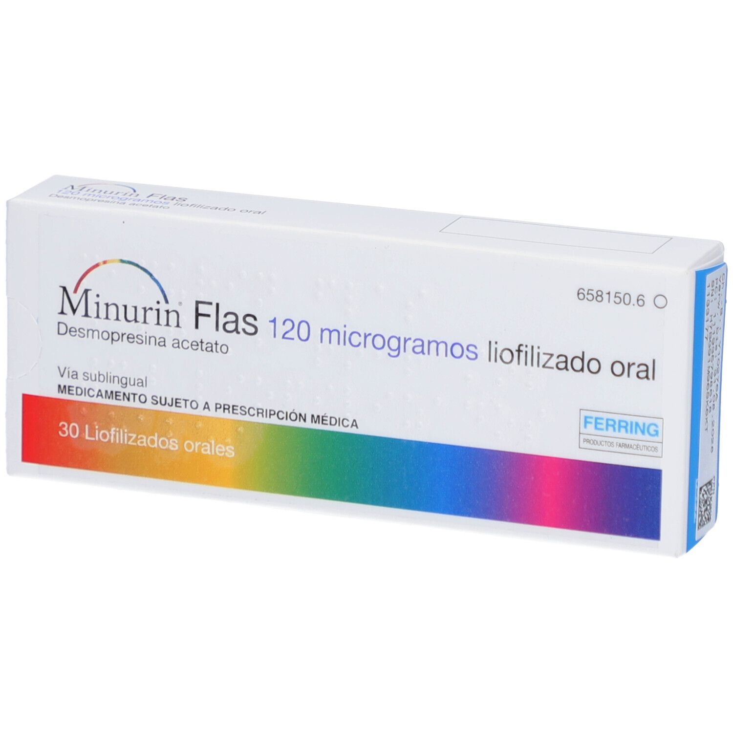 Schachtel mit MINIRIN Flas 120 Mikrogramm Lyophilisat. Aufschrift: 30 Lyophilisados orales. Ferring Logo. Regenbogenfarbenes Design.