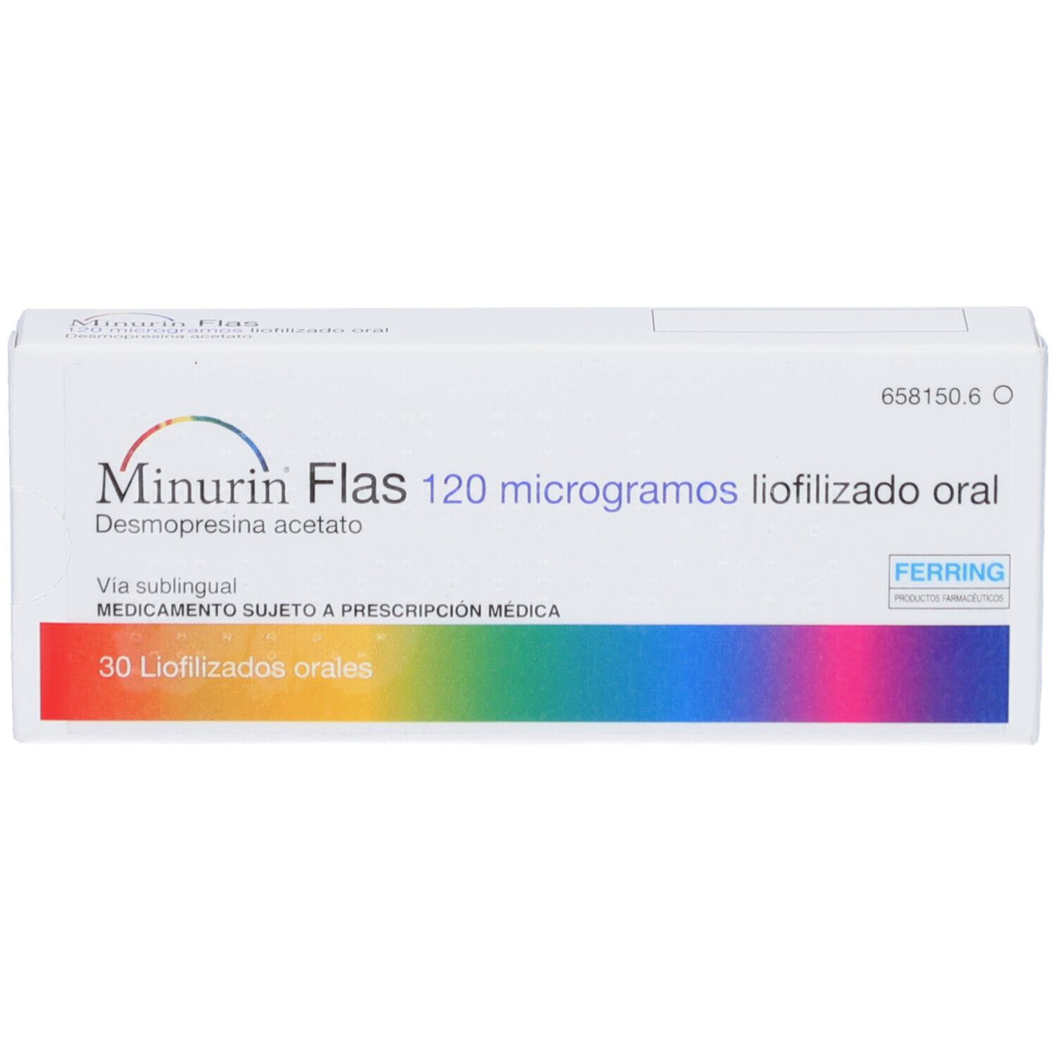 Schachtel mit MINIRIN Flas 120 Mikrogramm Lyophilisat. Aufschrift: 30 Lyophilisados orales. Ferring Logo. Vorderansicht.