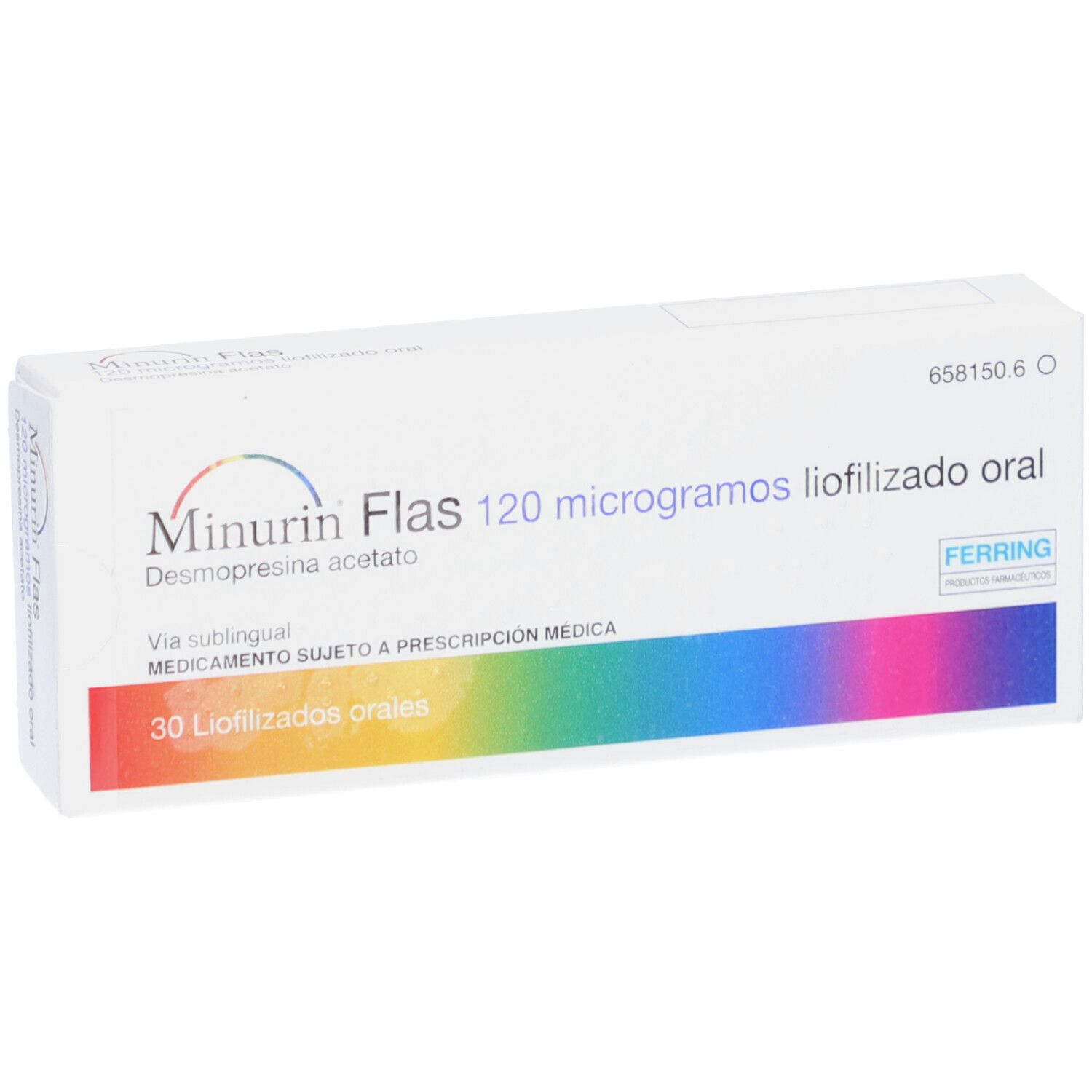 Schachtel mit MINIRIN Flas 120 Mikrogramm Lyophilisat. Aufschrift: 30 Lyophilisados orales. Ferring Logo. Regenbogenfarbenes Design.