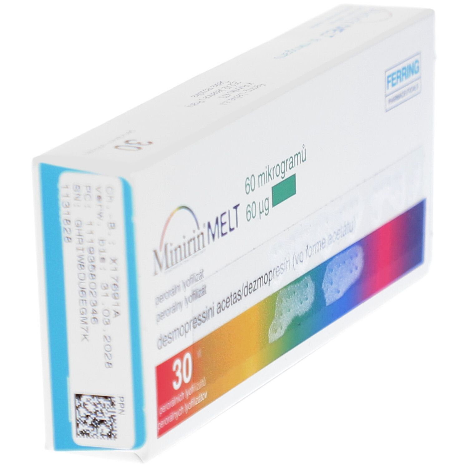 Schrägansicht der MINIRIN MELT Verpackung. Weiße Schachtel mit Produktnamen und Dosierung. Farbiger Streifen.