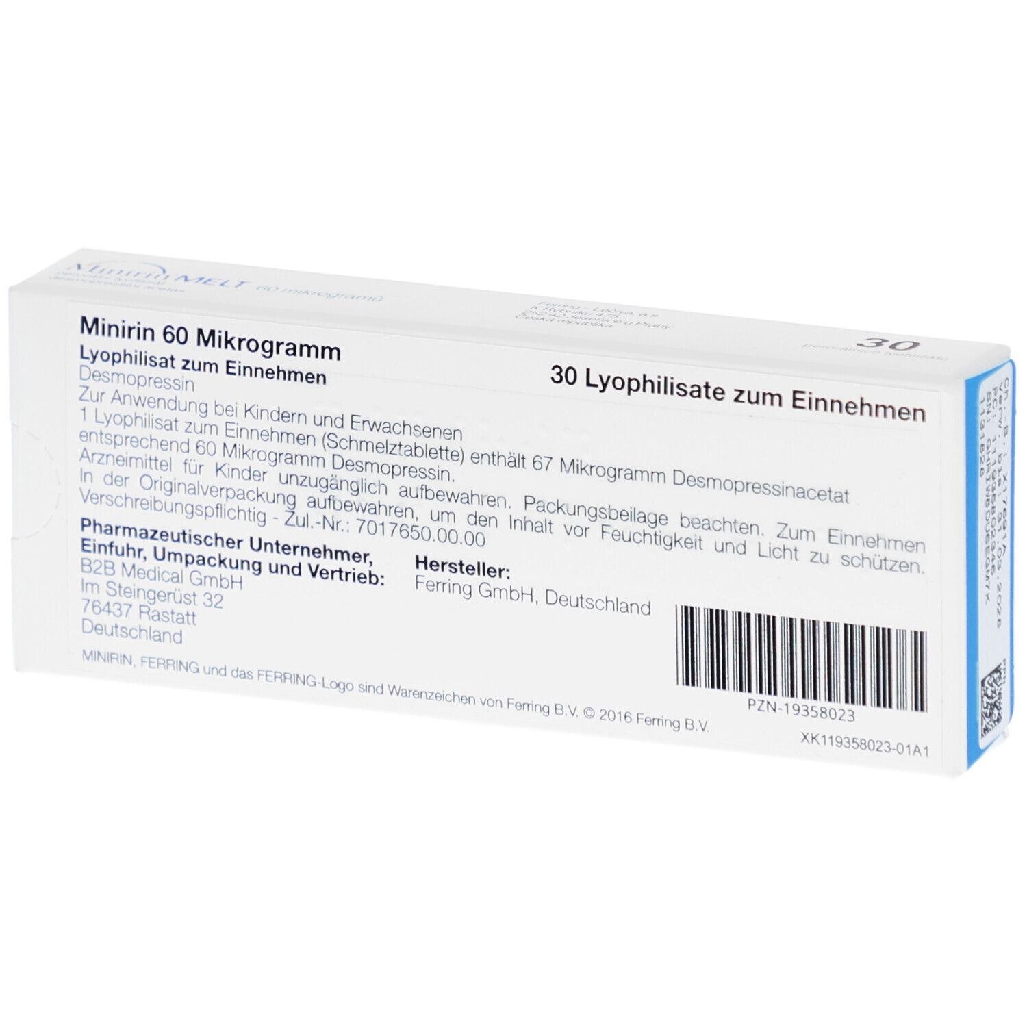 Rückseite der MINIRIN Verpackung. Textinformationen, Herstellerangaben und Barcode auf weißem Hintergrund.