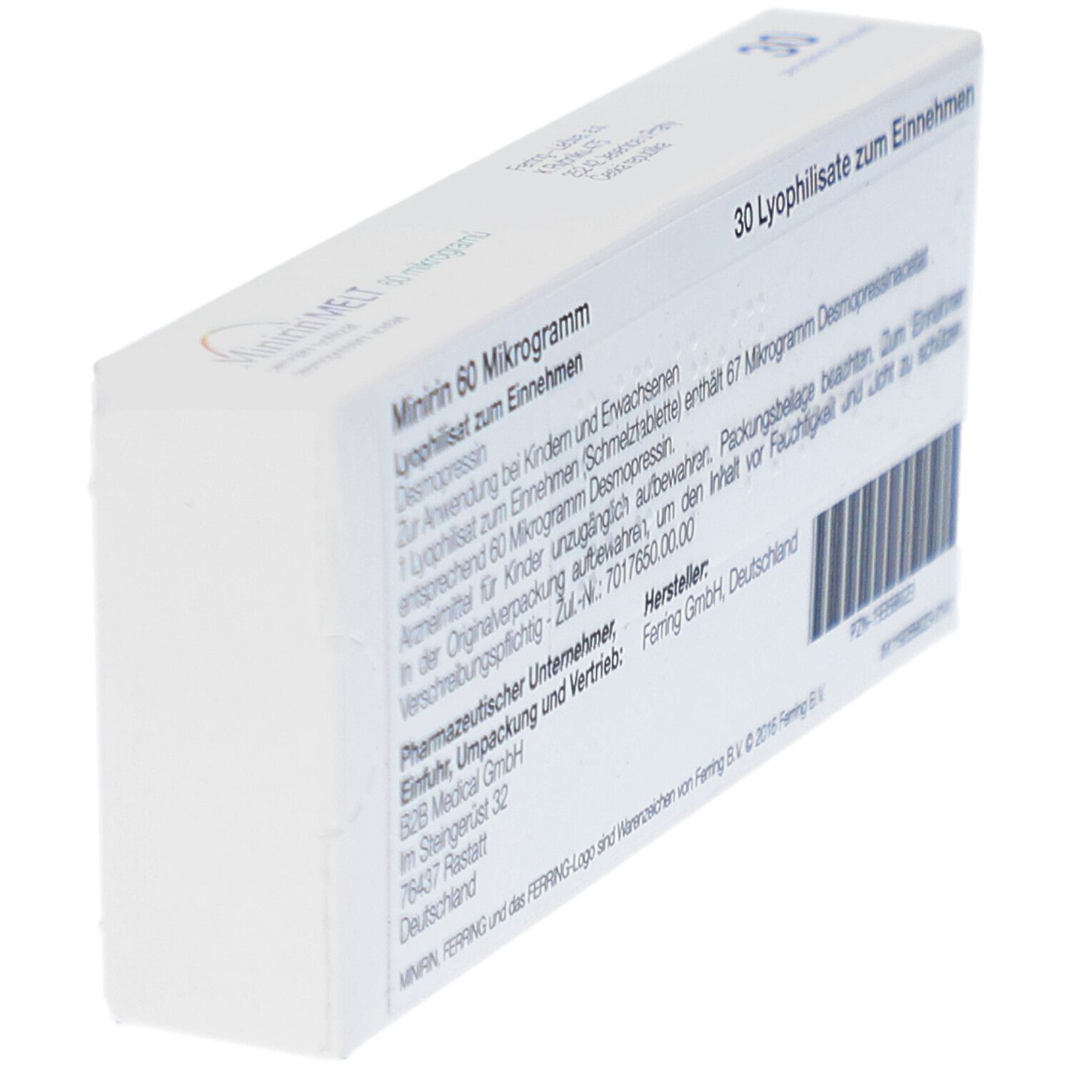 Schrägansicht der Rückseite der MINIRIN Verpackung. Text und Barcode auf weißem Hintergrund.