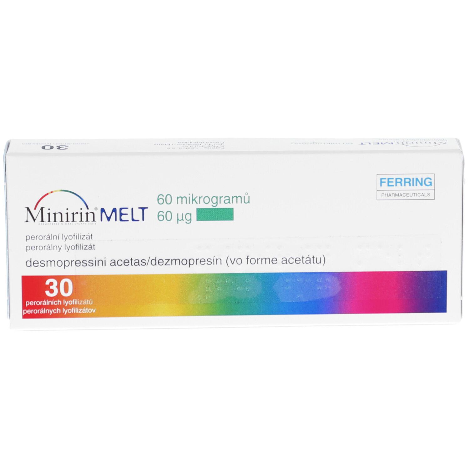 Vorderansicht der MINIRIN Verpackung. Weiße Schachtel mit Produktnamen und Dosierung.