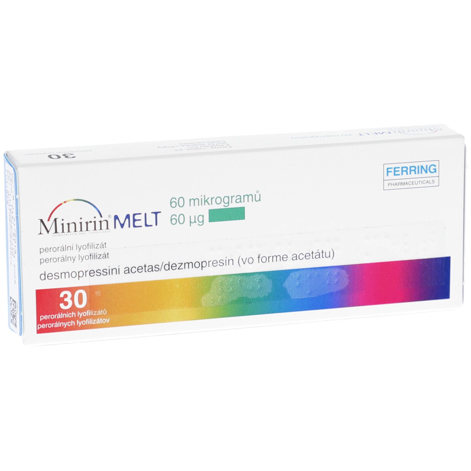 Vorderansicht der MINIRIN Verpackung. Weiße Schachtel mit Produktnamen und Dosierung. Farbiger Streifen unten.