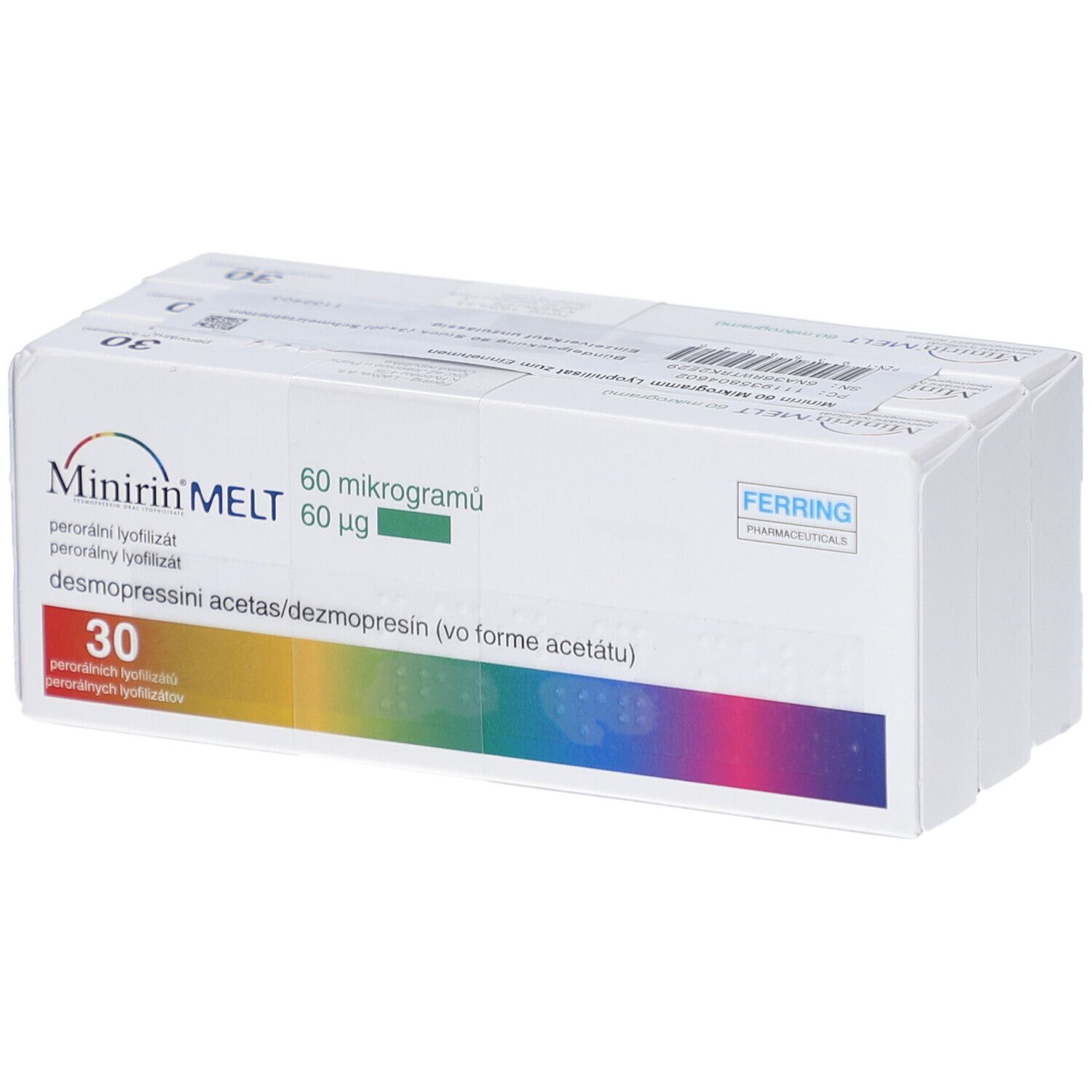 Verpackung von MINIRIN MELT 60 Mikrogramm Lyophilisat. Enthält 30 Tabletten. Hersteller: Ferring Pharmaceuticals.