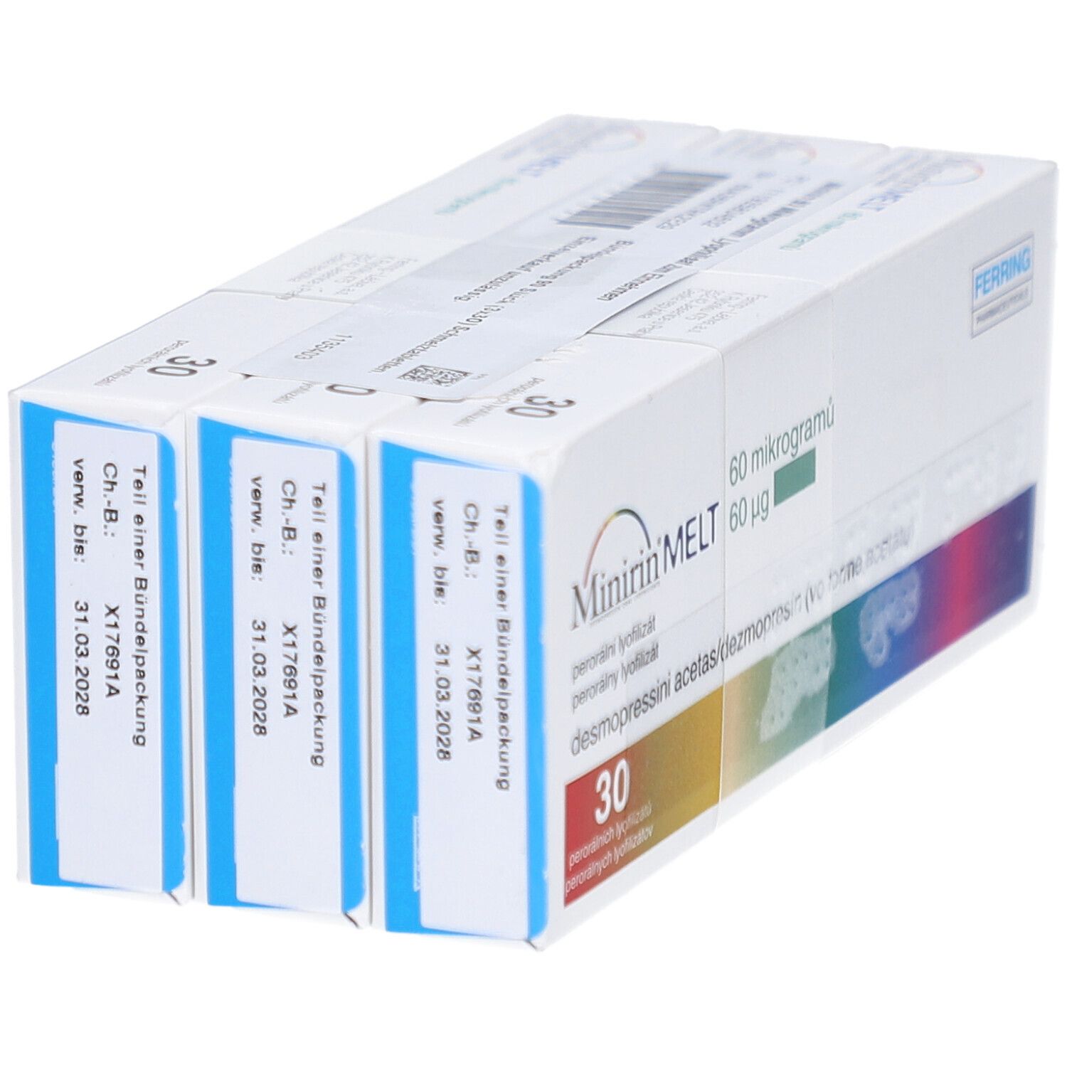 Drei Packungen MINIRIN MELT 60 Mikrogramm Lyophilisat. Jede Packung enthält 30 Tabletten. Hersteller: Ferring Pharmaceuticals.