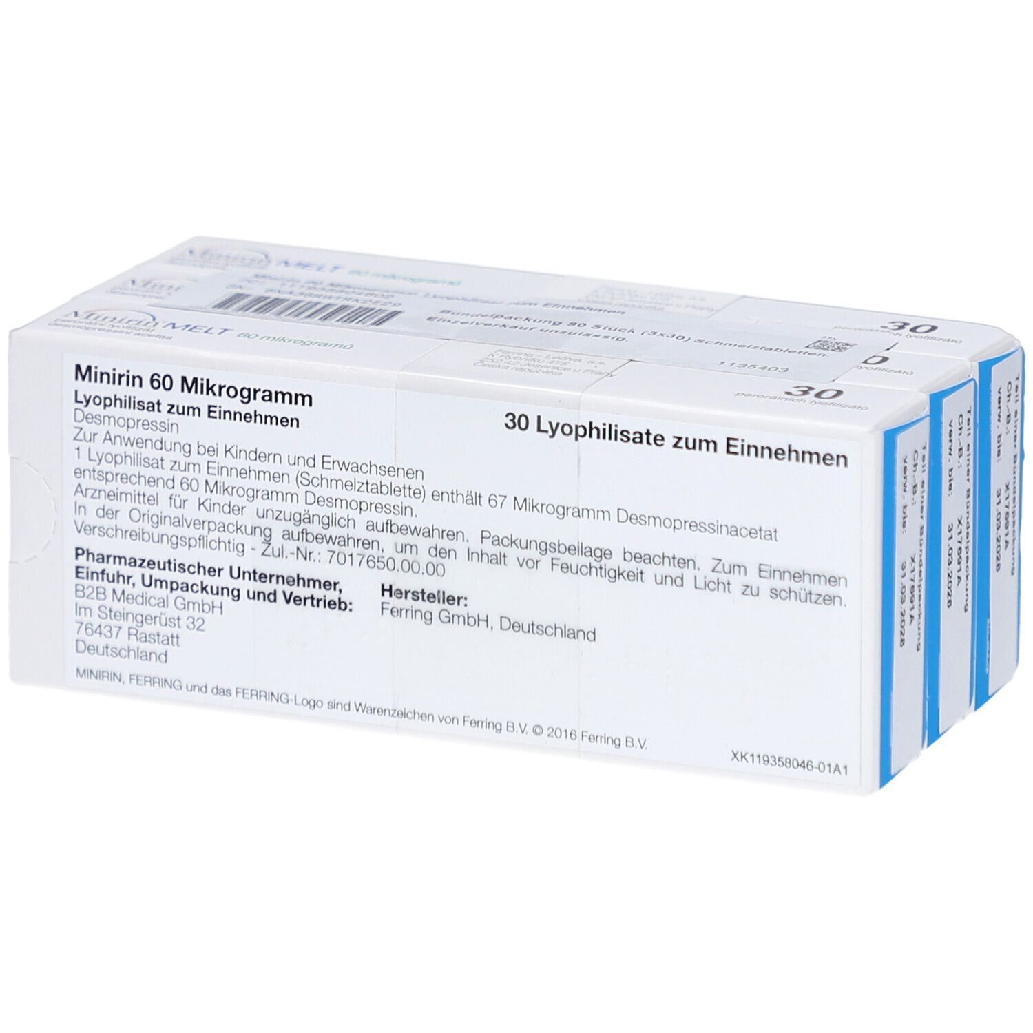 Packung MINIRIN 60 Mikrogramm Lyophilisat. Enthält 30 Tabletten. Hersteller: Ferring Pharmaceuticals. Text in Deutsch.