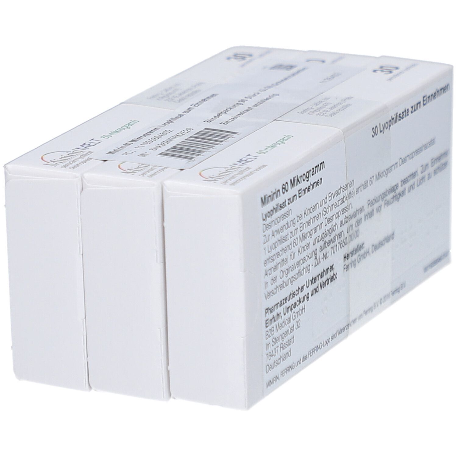 Drei Packungen MINIRIN 60 Mikrogramm Lyophilisat. Hersteller: Ferring Pharmaceuticals. Text in Deutsch.