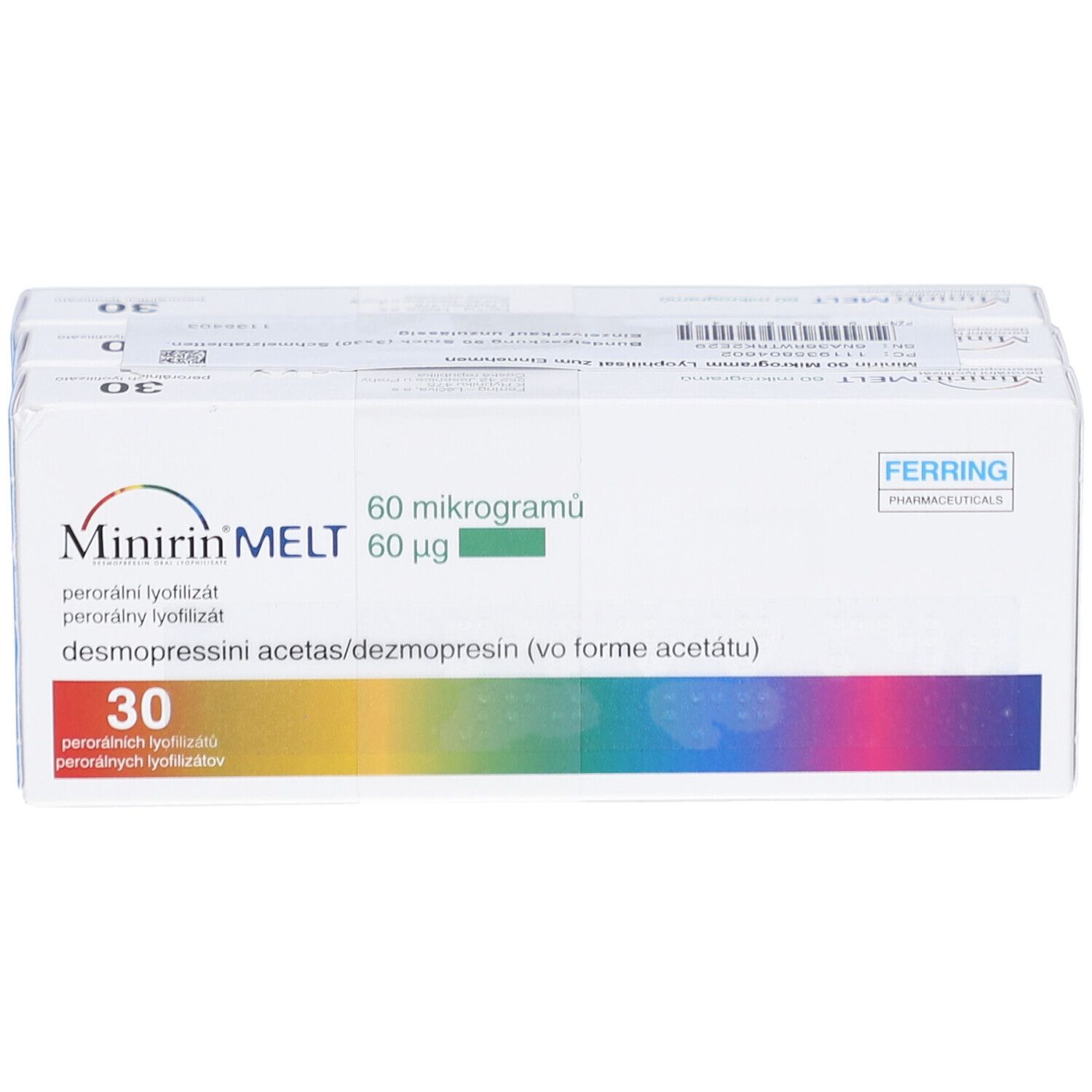 Verpackung von MINIRIN MELT 60 Mikrogramm Lyophilisat. Enthält 30 Tabletten. Hersteller: Ferring Pharmaceuticals.