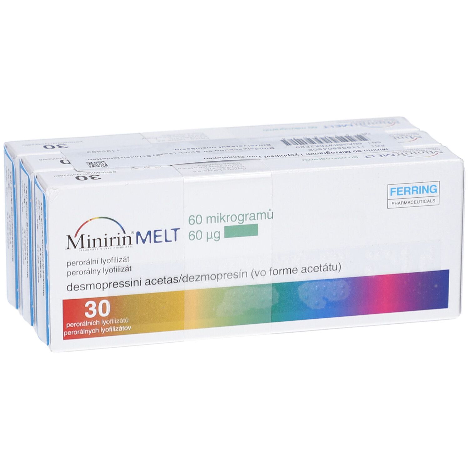 Verpackung von MINIRIN MELT 60 Mikrogramm Lyophilisat. Enthält 30 Tabletten. Hersteller: Ferring Pharmaceuticals.