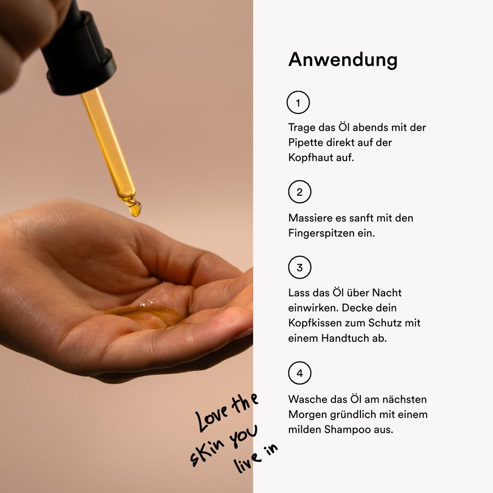 Hand mit Pipette, Öl tropft. Text: Anwendung. 4 Schritte zur Anwendung.