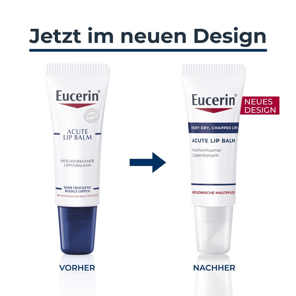 Vergleich von zwei Eucerin Acute Lip Balm Tuben. Links: älteres Design. Rechts: neues Design.