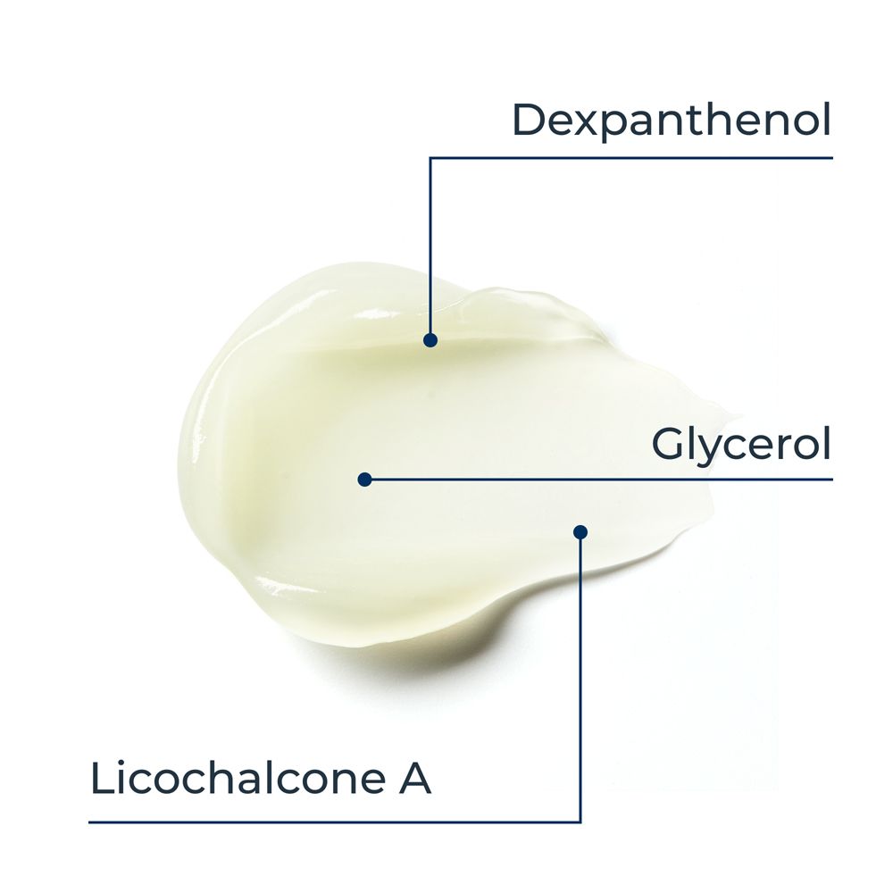 Produktprobe von Eucerin Acute Lip Balm. Inhaltsstoffe: Dexpanthenol, Glycerol, und Licochalcone A.