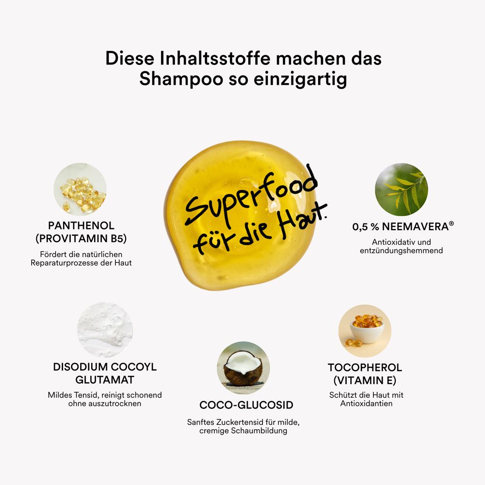 Gelber Tropfen mit Inhaltsstoffen. Text: Panthenol, Neem, Disodium Cocoyl Glutamat, Coco-Glucoside, Tocopherol.