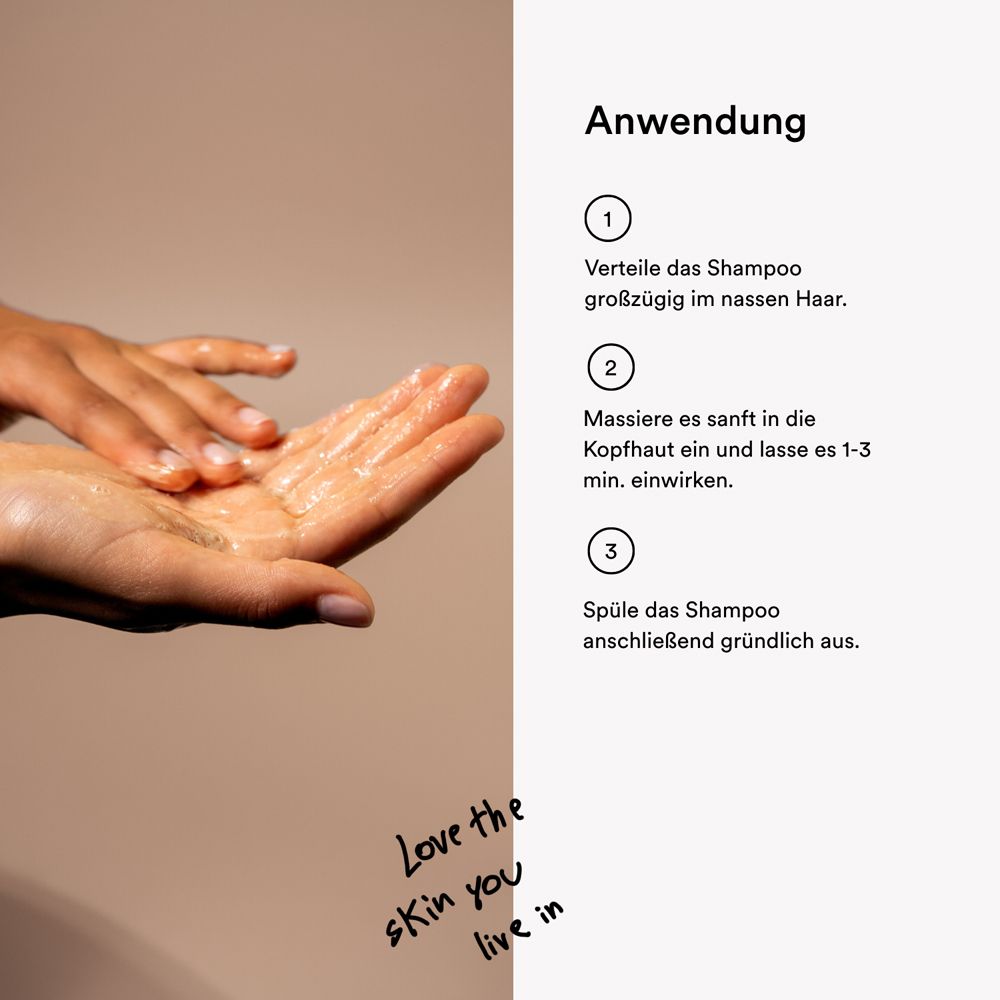 Hände mit Shampoo. Text: Anwendungsschritte: 1. verteilen, 2. massieren, 3. ausspülen. Text: "Love the skin you live in".