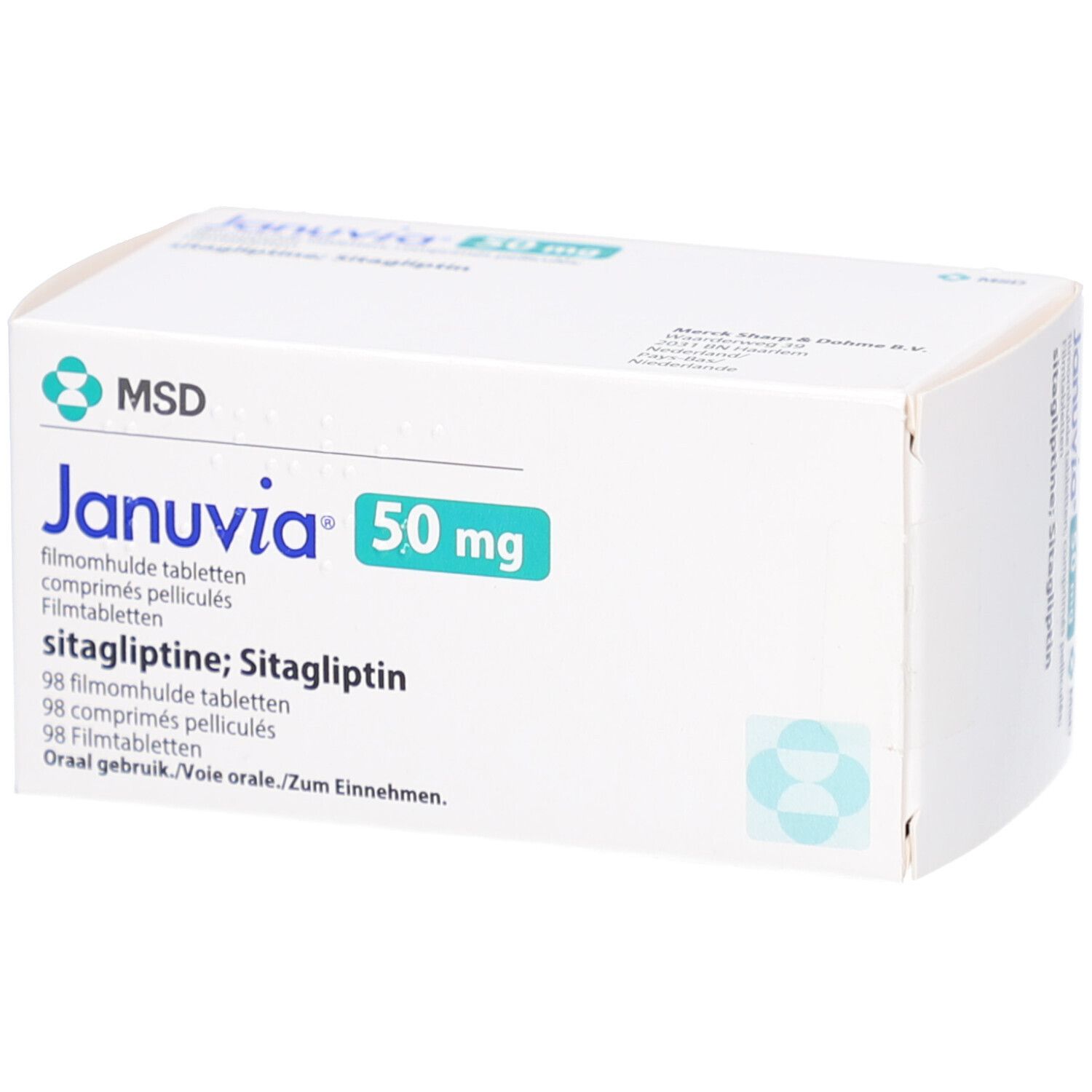 Schachtel JANUVIA 50 mg Filmtabletten. Weiß, mit grüner Schrift. MSD-Logo. Text: Filmtabletten, Sitagliptin. 98 Tabletten.