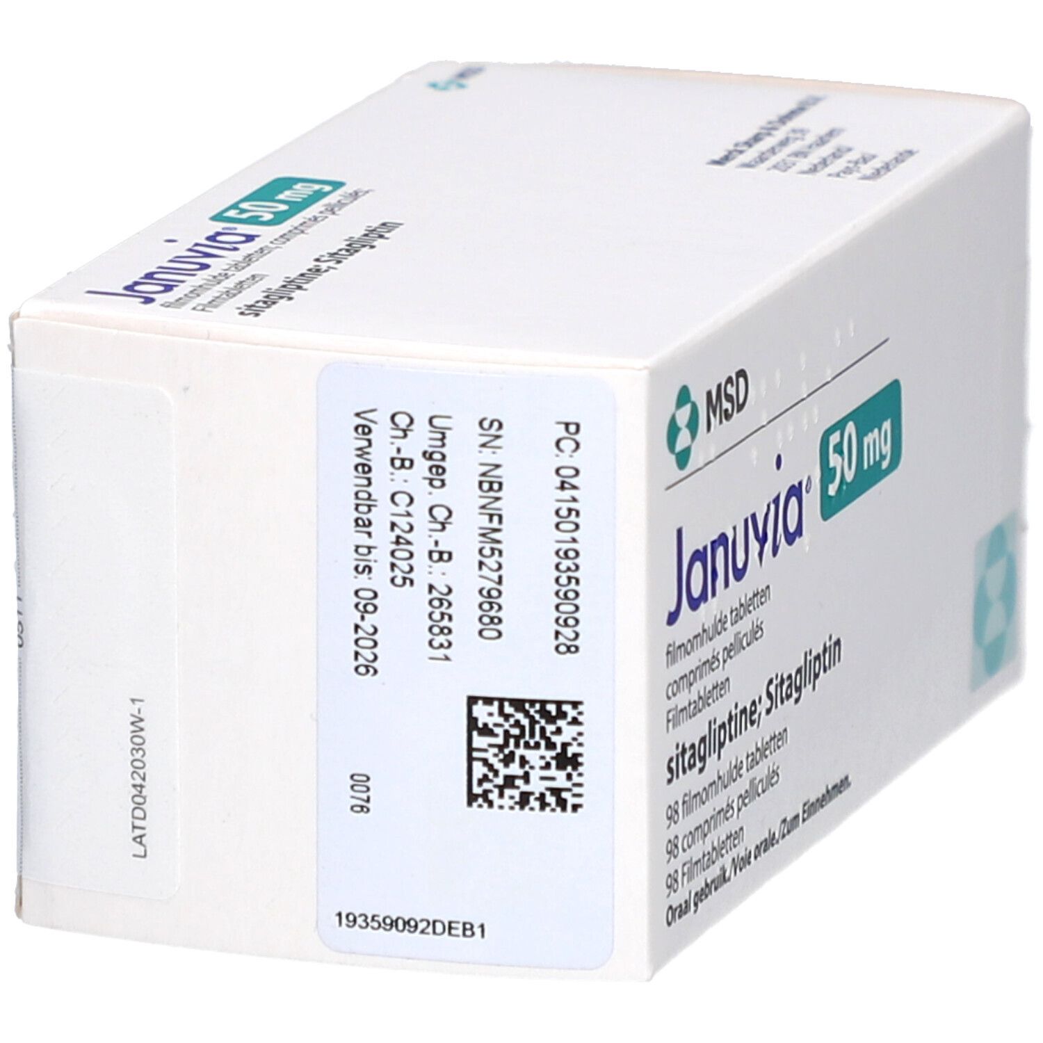 Schachtel JANUVIA 50 mg. Weiße Verpackung. Text: Sitagliptin, 98 Filmtabletten. Barcode und Chargennummer. Verwendbar bis 09-2026.