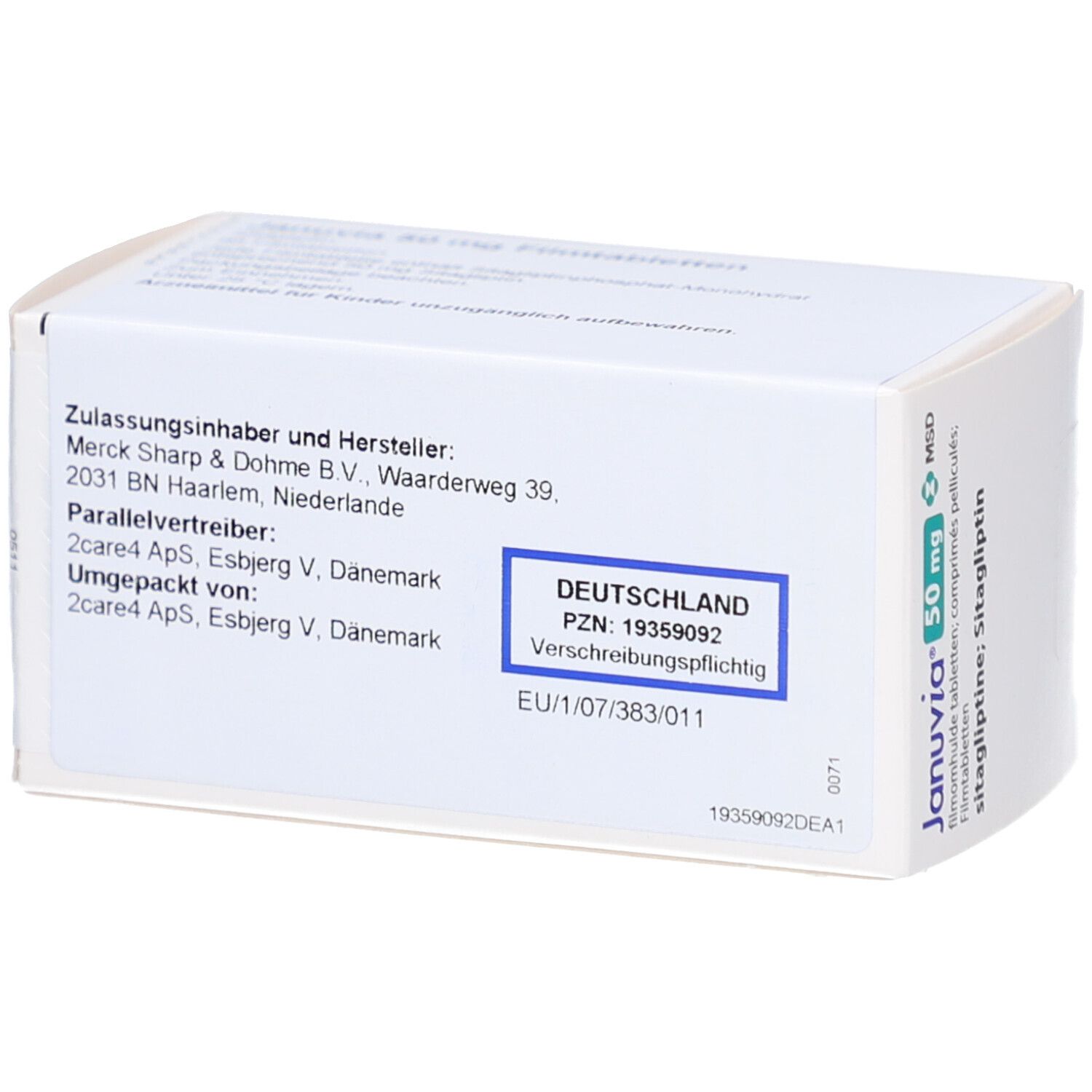 Rückseite der Schachtel JANUVIA 50 mg. Herstellerinformationen. Text: Deutschland, Verschreibungspflichtig. EU-Zulassungsnummer.