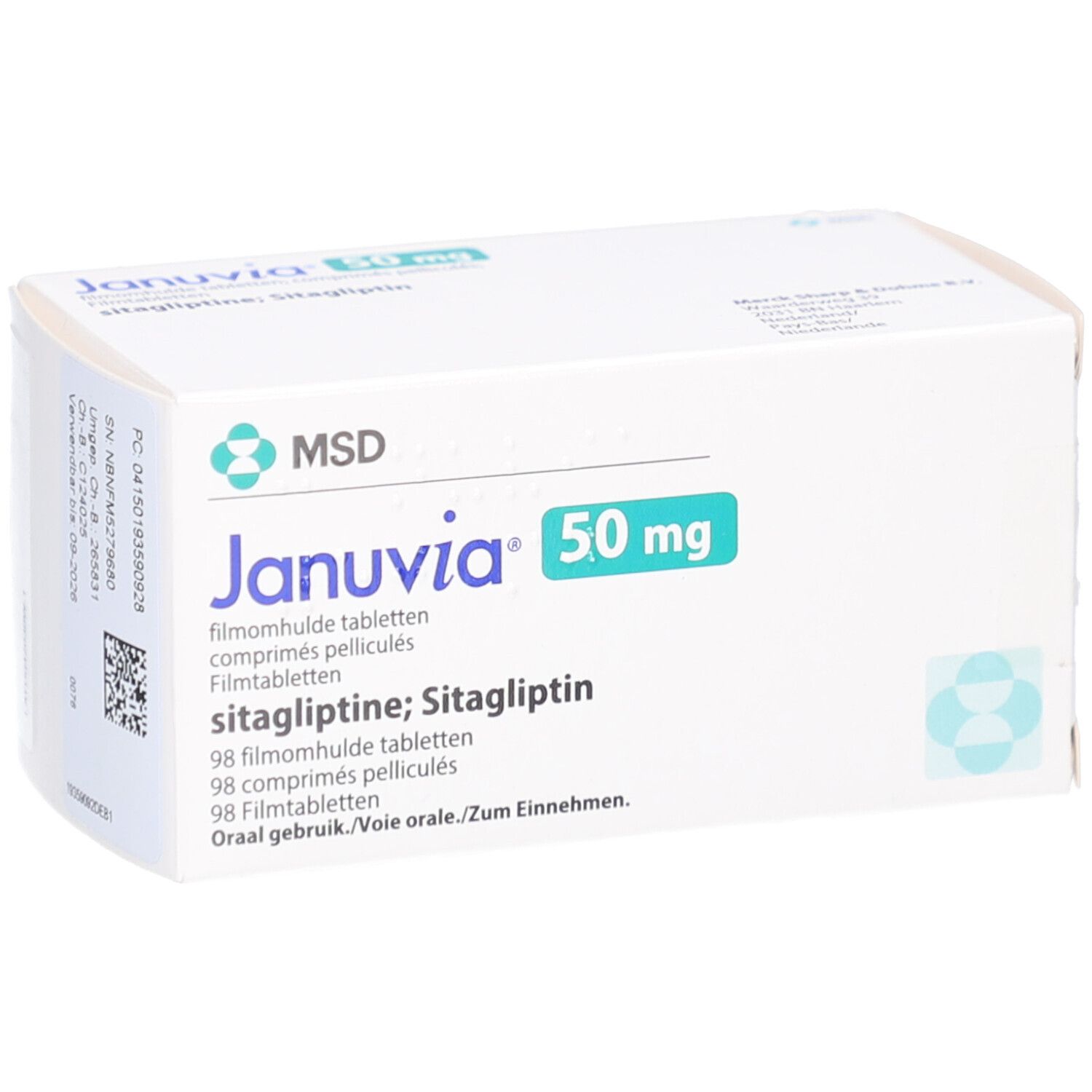 Schachtel JANUVIA 50 mg Filmtabletten. Weiß, mit grüner Schrift. MSD-Logo. Text: Filmtabletten, Sitagliptin. 98 Tabletten.